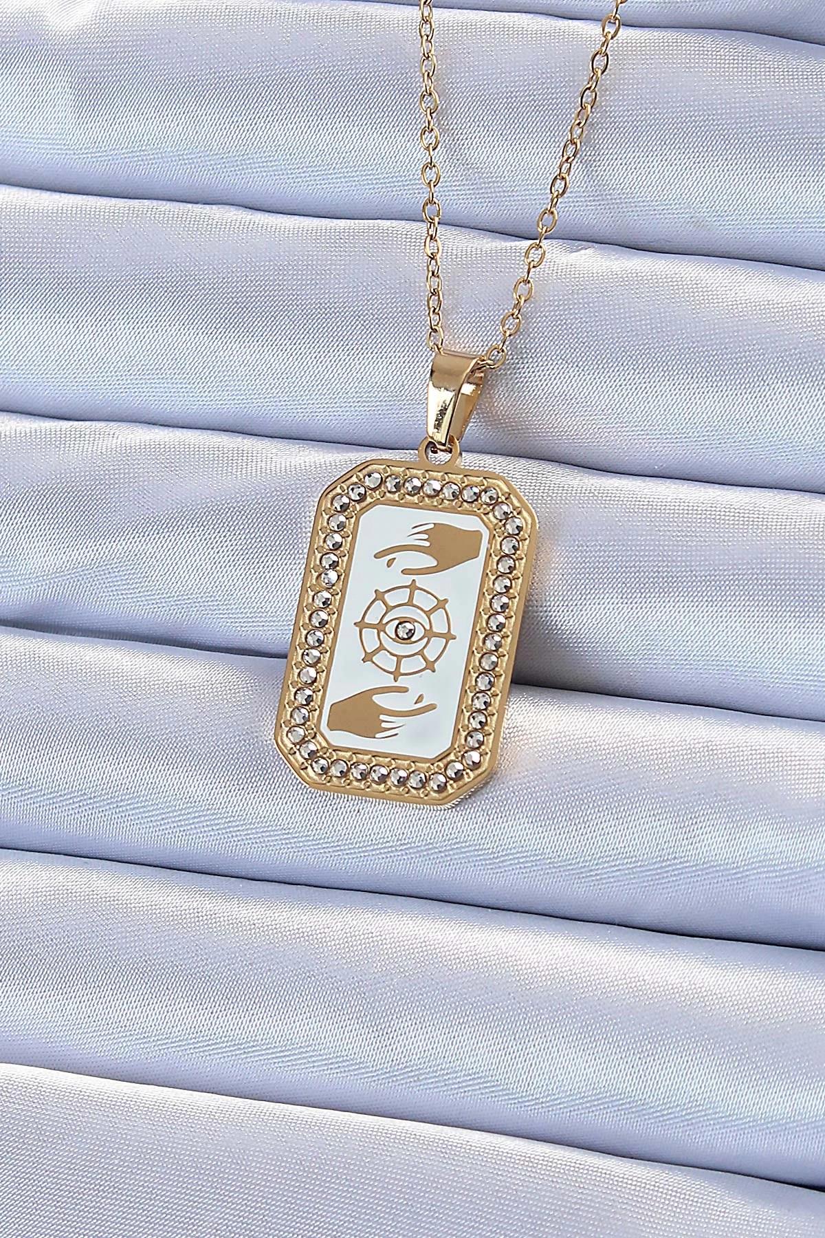 Mey İthalat® 316L Çelik Zincir Altın Renk Mineli Zirkon Taşlı Göz Figür Tarot Kolye
