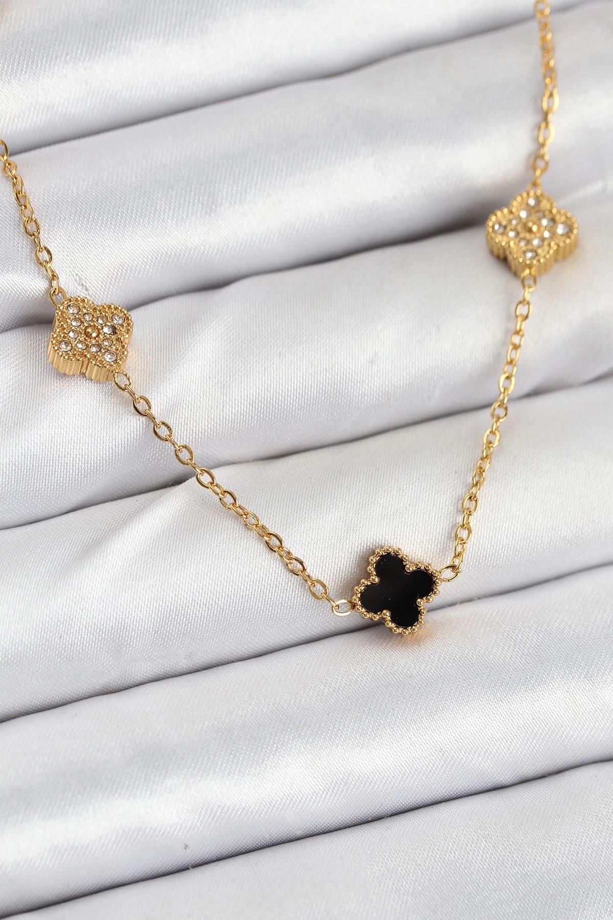 Mey İthalat® 316L Çelik Zincir Gold Renk Siyah ve Zirkon Taşlı Baby Boy Yonca Kadın Kolye