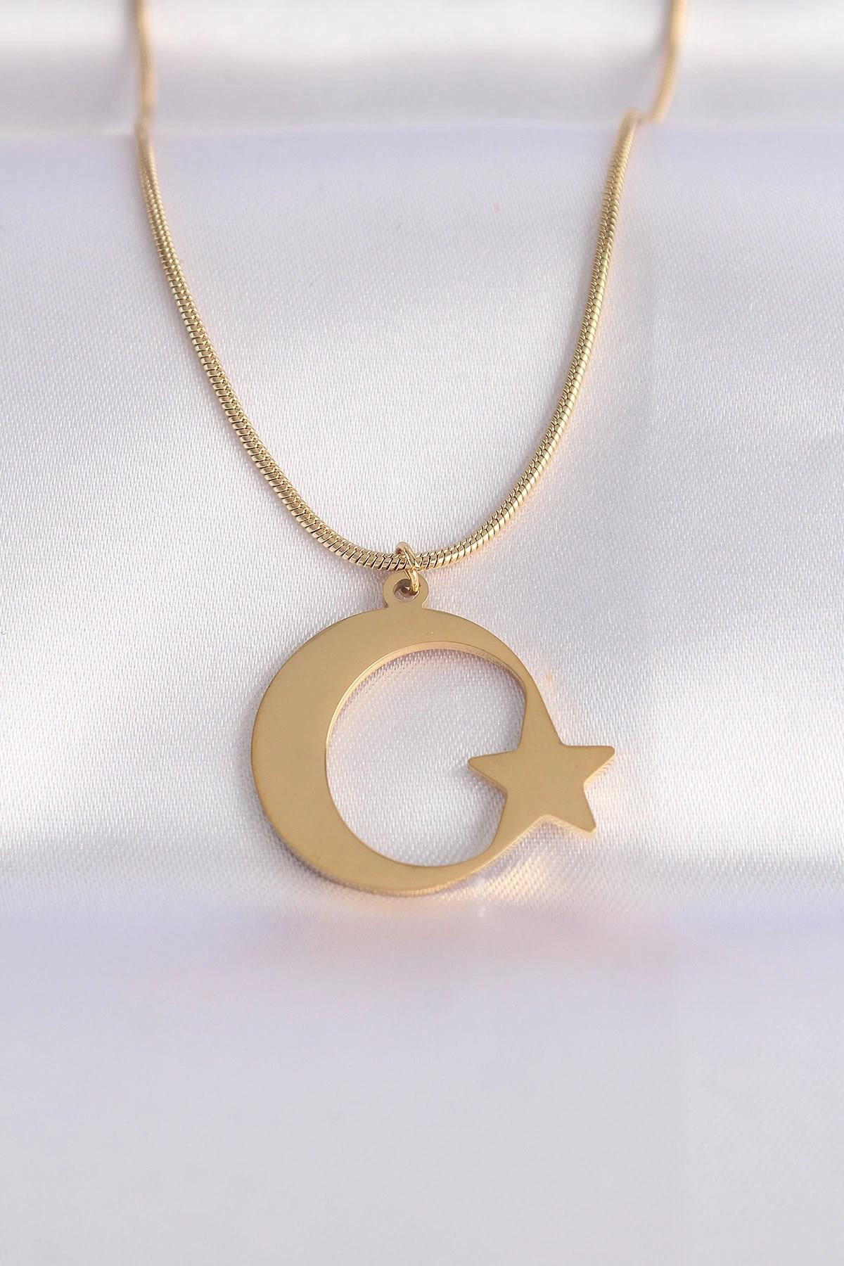 Mey İthalat® 316L Çelik Zincir Gold Renk Ay Yıldız Unisex Kolye