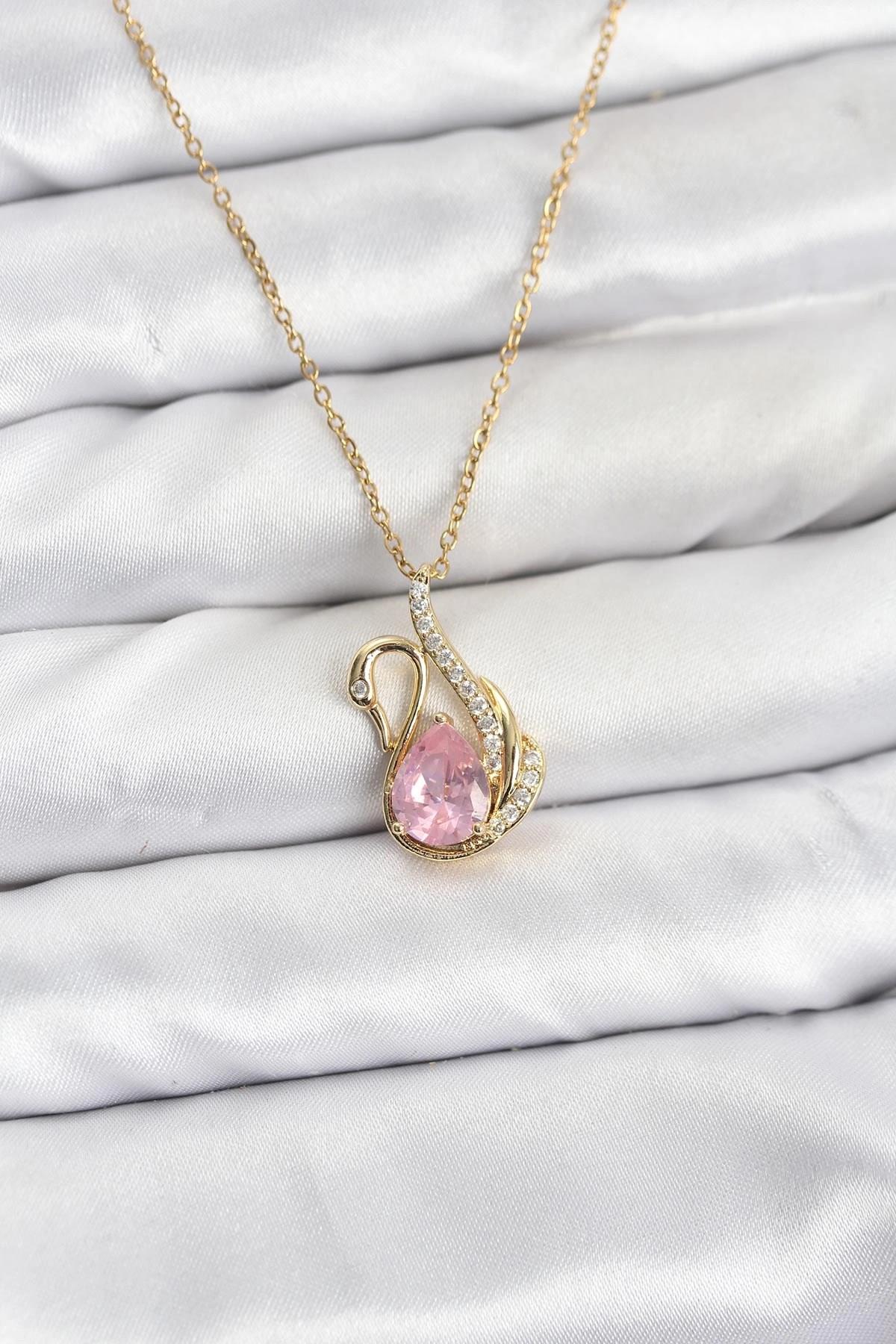 Mey İthalat® 316L Çelik Zincir Gold Renk Pembe Kuğu Model Zirkon Taşlı Kadın Kolye