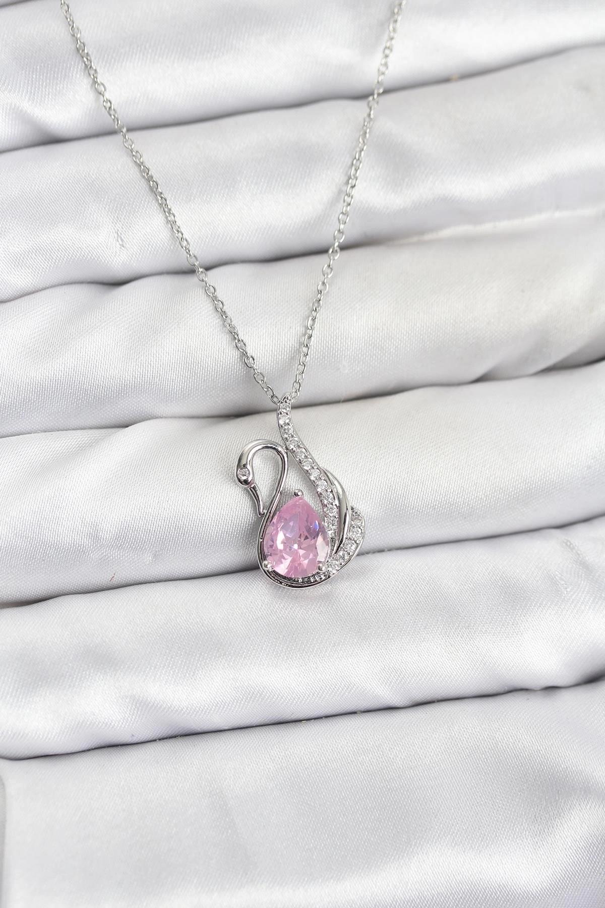 Mey İthalat® 316L Çelik Zincir Gümüş Renk Pembe Kuğu Model Zirkon Taşlı Kadın Kolye