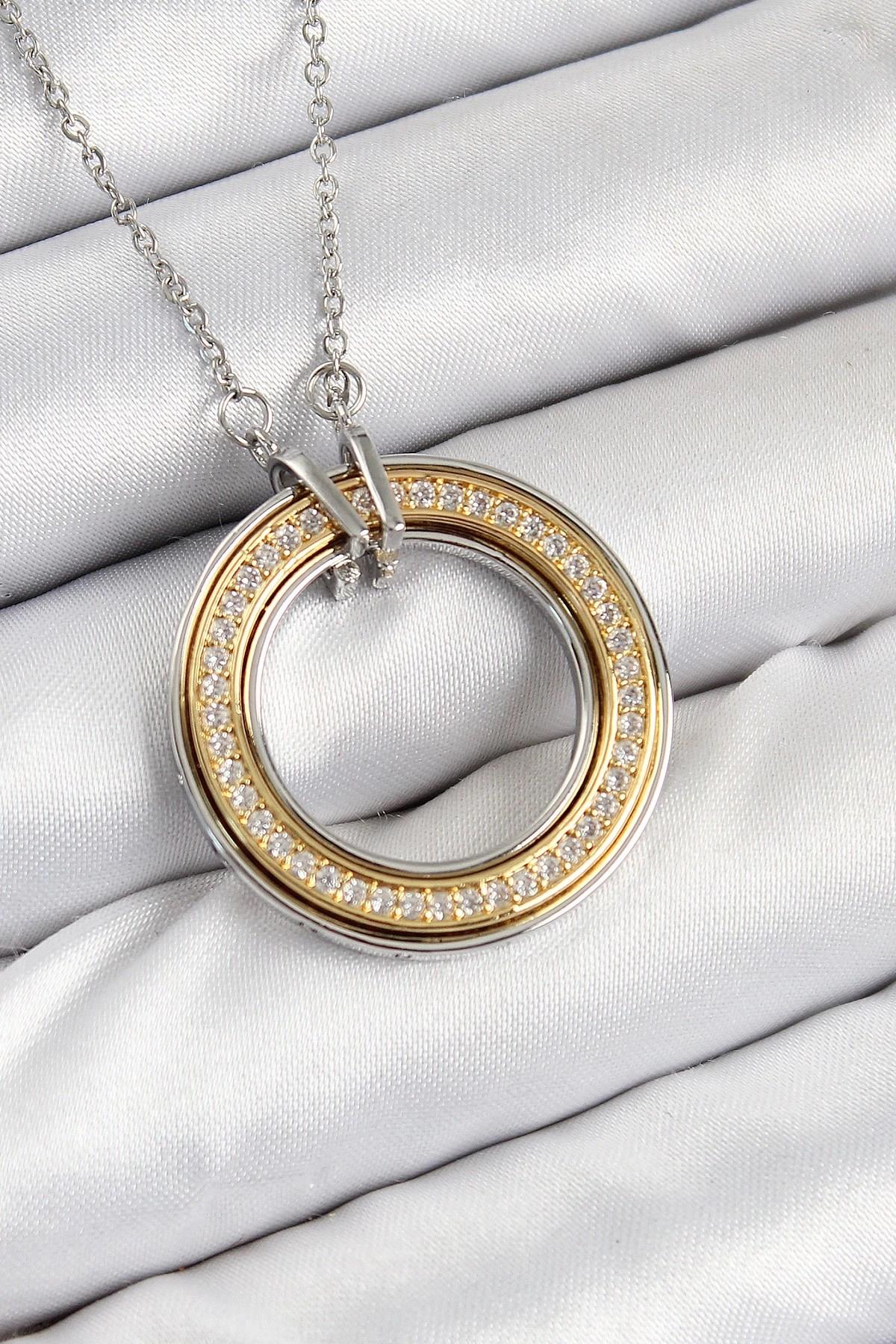 Mey İthalat® 316L Çelik Zirkon Taşlı Dönen Daire Model Gold Ve Gümüş Renk Kadın Kolye