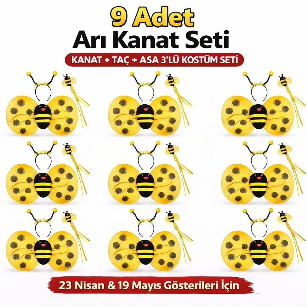 Mey İthalat® 9’lu Arı Kostüm Seti – Kanat Taç Asa