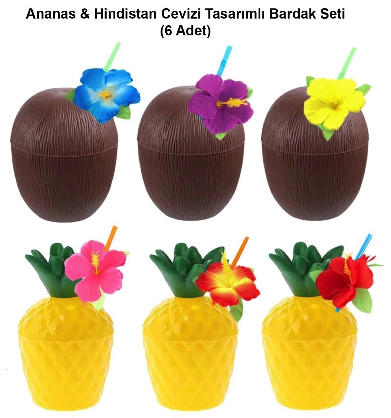 Mey İthalat® Ananas & Hindistan Cevizi Tasarımlı Pipetli Bardak Seti (6 Adet)