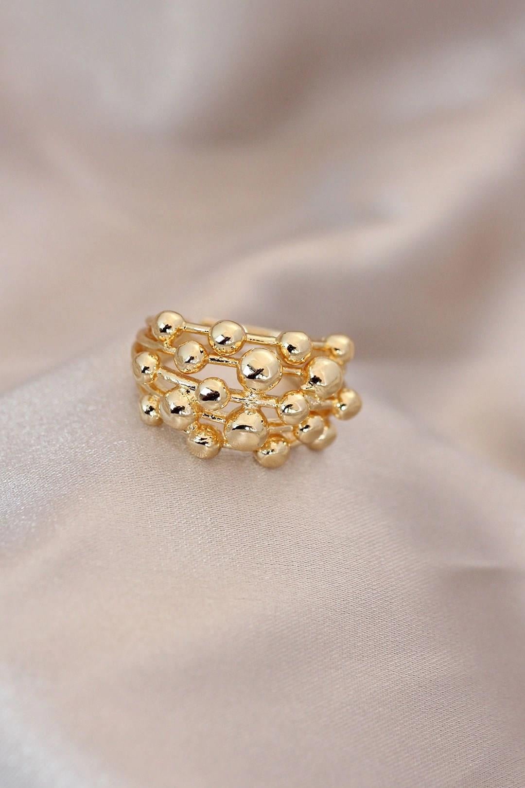 Mey İthalat® Ayarlamalı Gold Renk Metal Bombeli Boluncuk Model Yüzük
