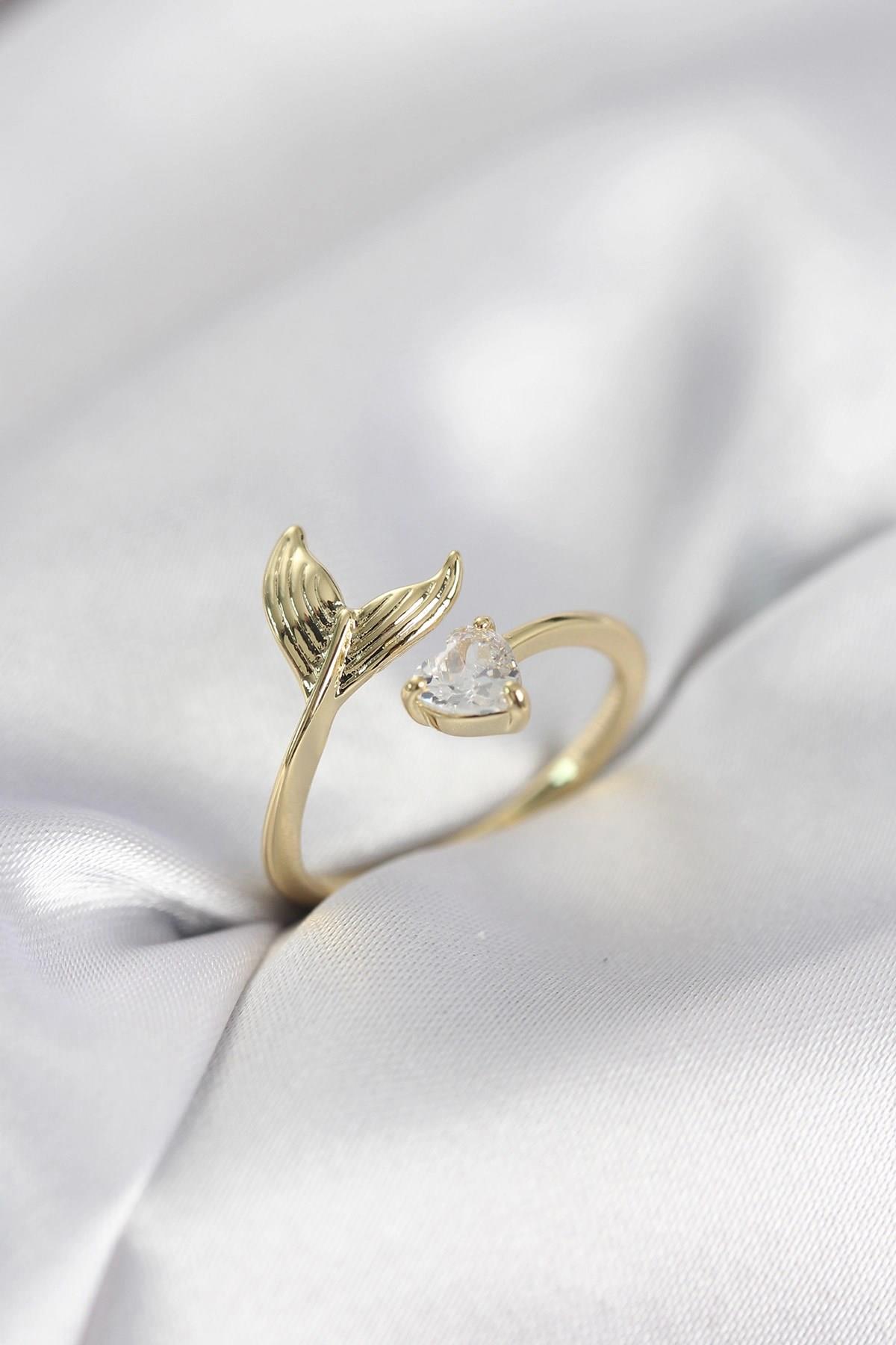 Mey İthalat® Balık Kuyruğu Model Gold Renk Zirkon Taşlı Kadın Yüzük