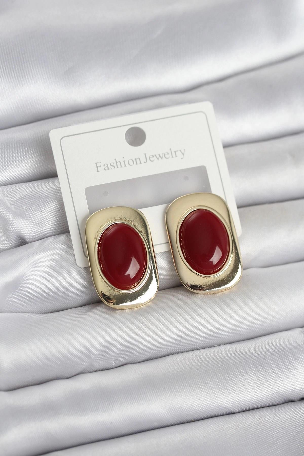 Mey İthalat® Bordo Renk Kare Model Vintage Kadın Küpe