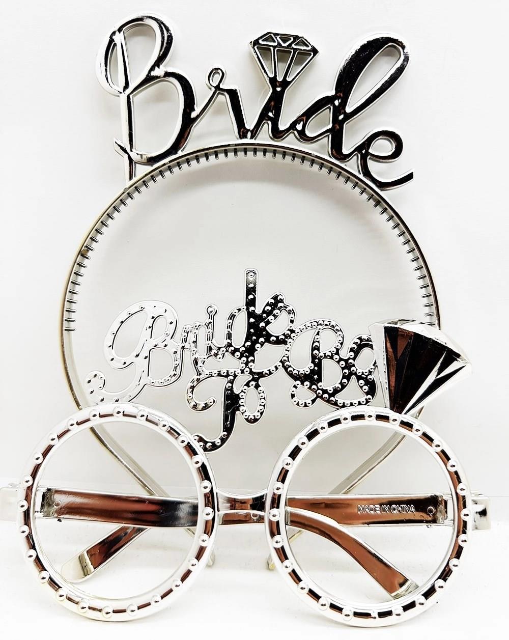 Mey İthalat® Bride Yazılı Taç ve Bride To Be Yazılı Gözlük Seti Gümüş Renk