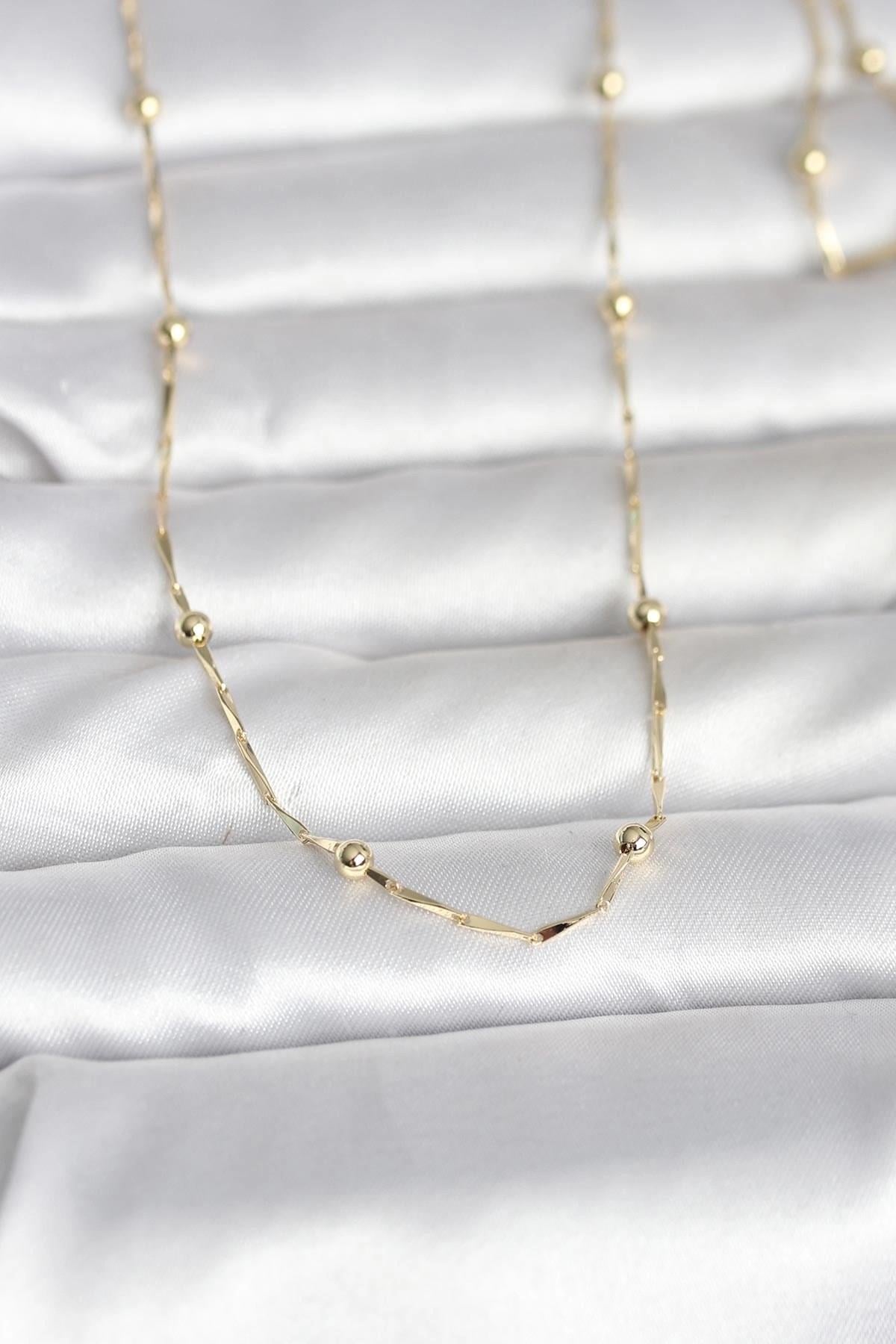 Mey İthalat® CM 14K Gold Renk Kesme Çubuk Zincir Topçuklu Model 60 cm Kadın Kolye