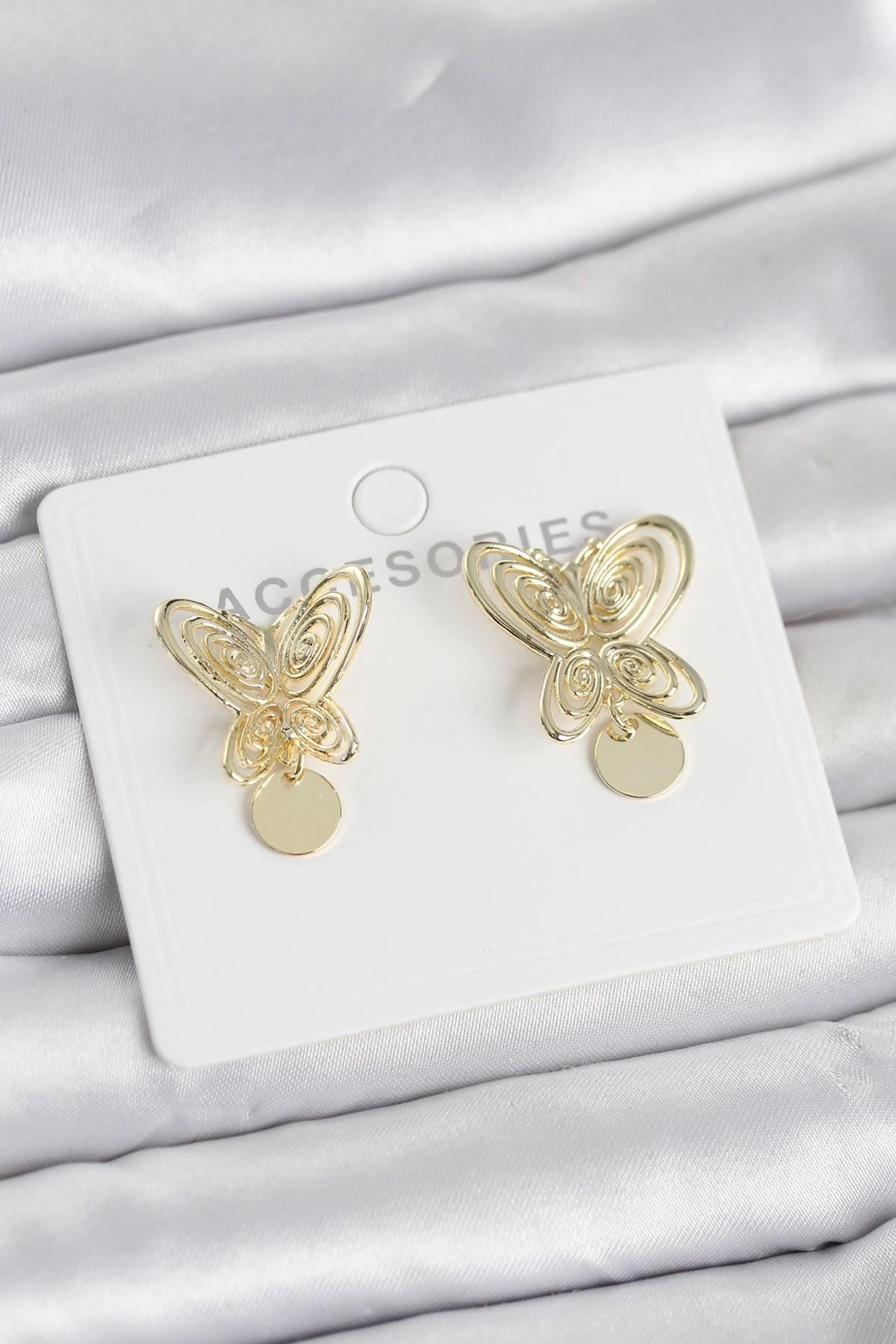 Mey İthalat® Füsun Küpesi Model Gold Renk Kelebek Model Pirinç Kadın Küpe