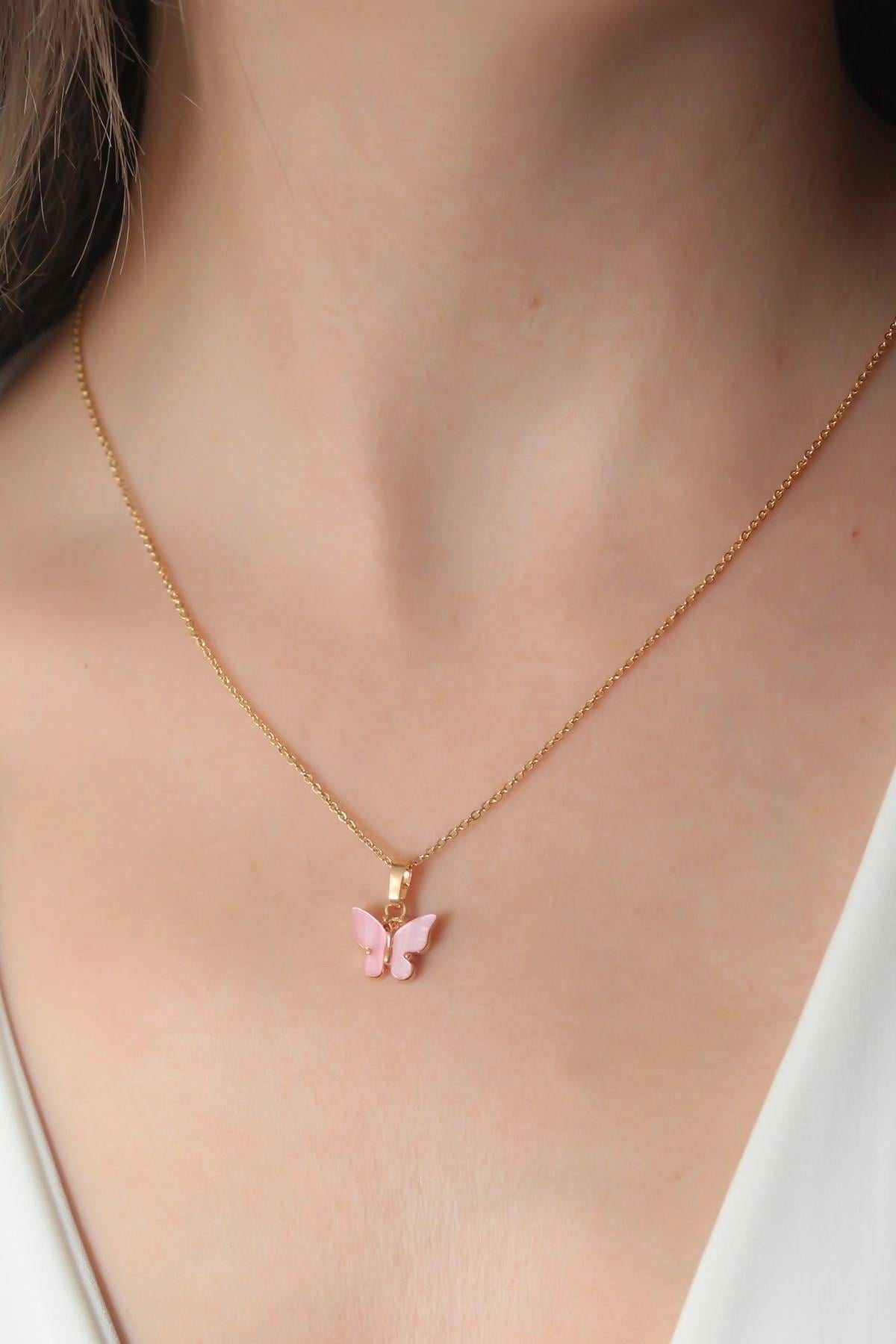 Mey İthalat® Gold Pembe Renk Kelebek Figür Kadın Kolye