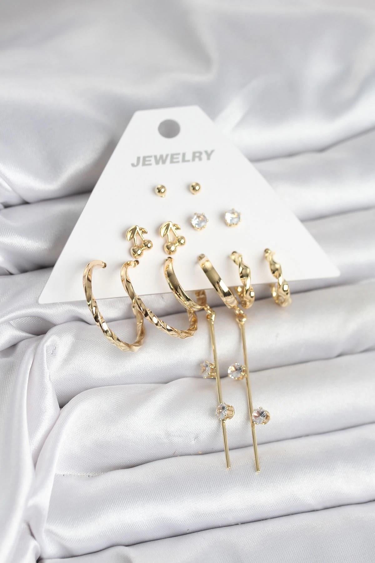 Mey İthalat® Gold Renk 6 Çift Pirinç Kadın Küpe Seti