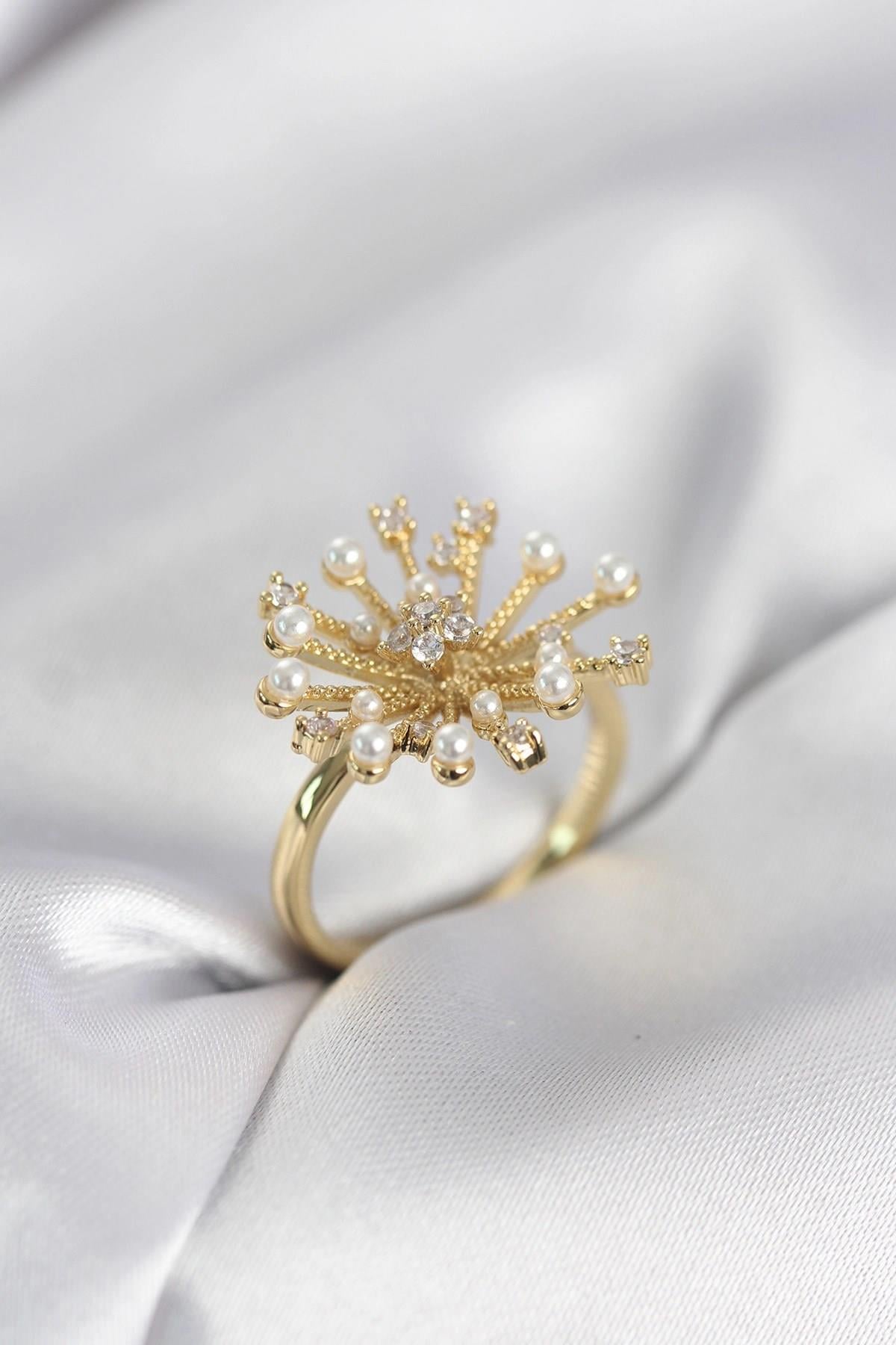 Mey İthalat® Gold Renk Karahindiba Model Zirkon Taşlı Kadın Yüzük