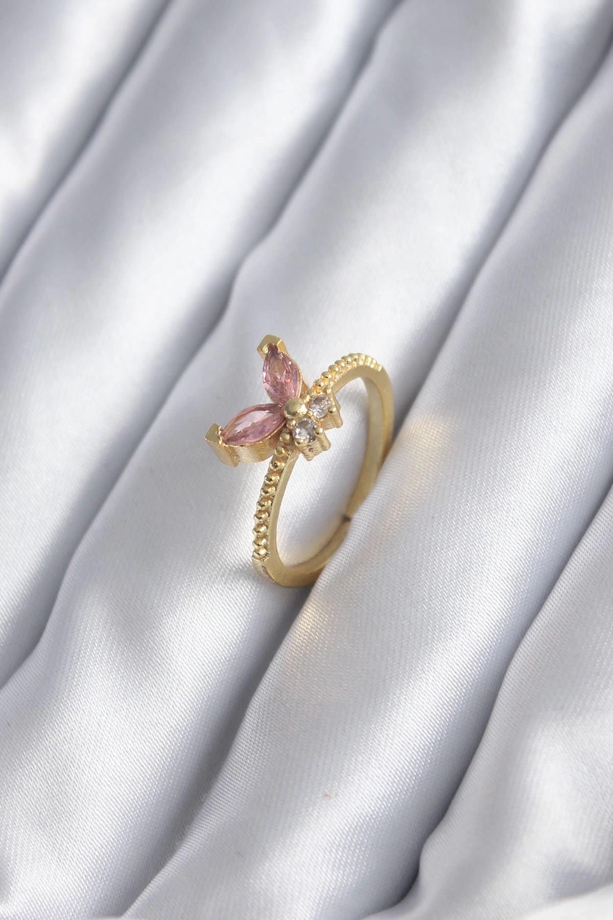 Mey İthalat® Gold Renk Pembe Zirkon Taşlı Kelebek Model Kadın Yüzük