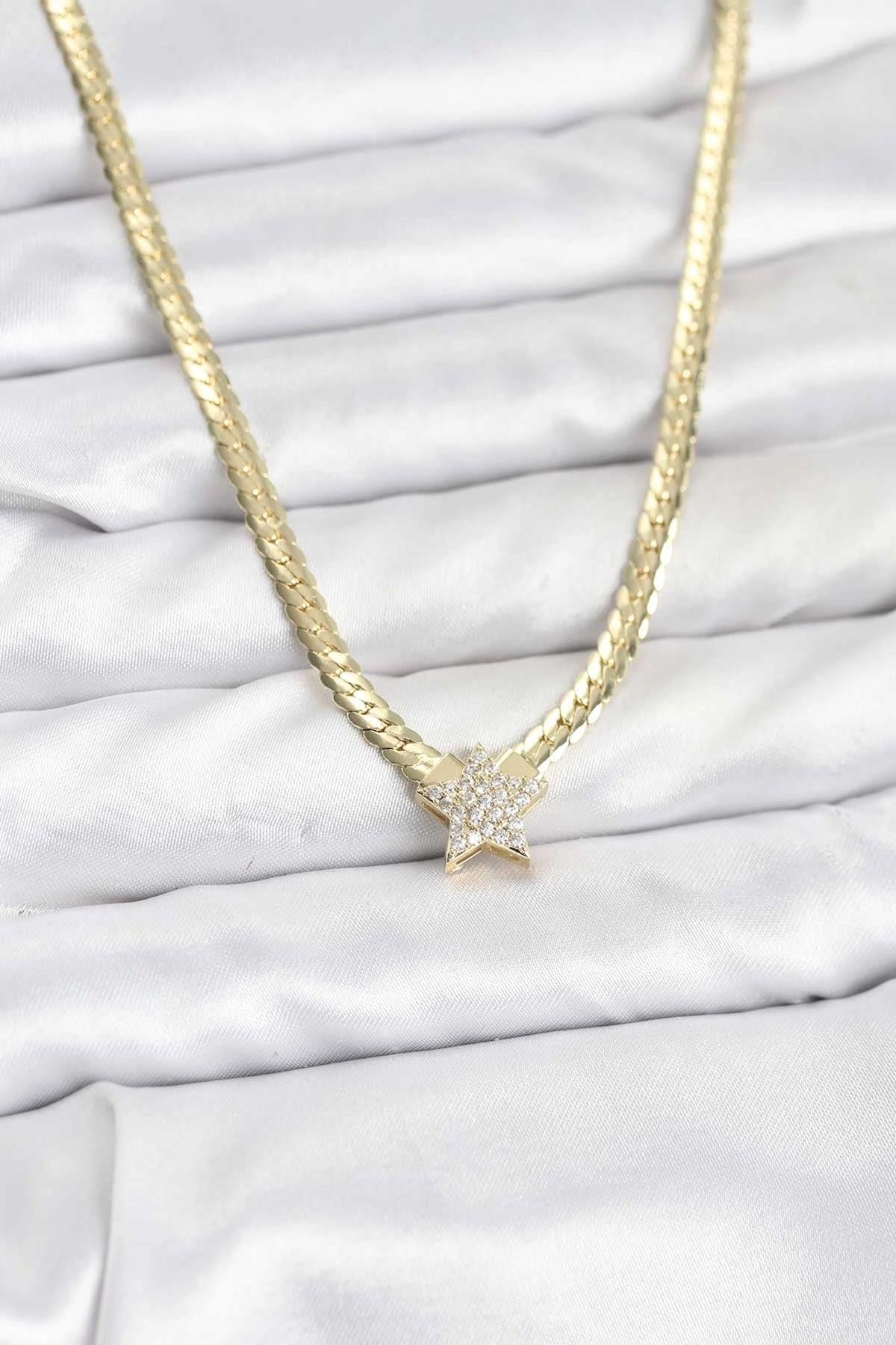 Mey İthalat® Gold Renk Pirinç Yıldız Zirkon Taşlı Kadın Kolye