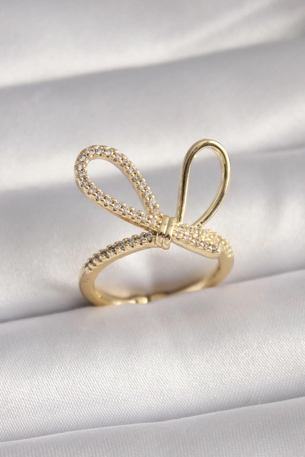 Mey İthalat® Gold Renk Zirkon Taşlı Düğüm Model Kadın Yüzük
