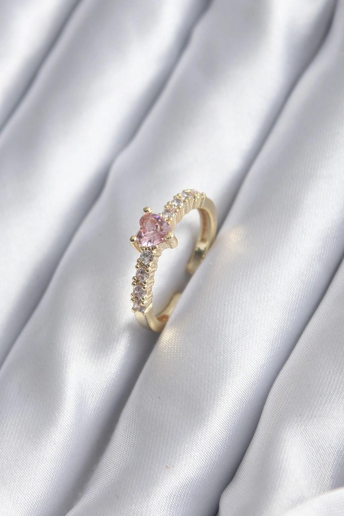Mey İthalat® Gold Renk Zirkon Taşlı Pembe Kristal Kalp Model Kadın Yüzük