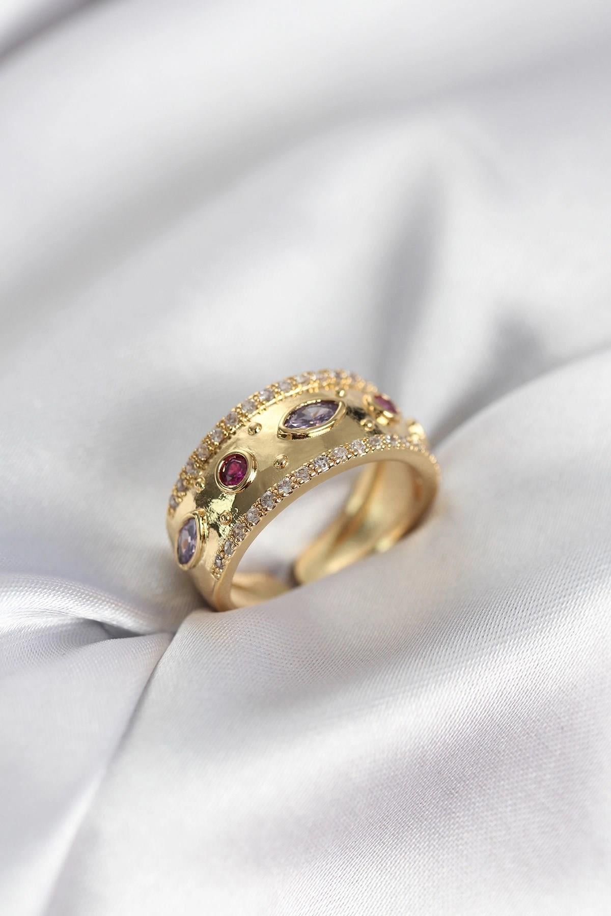 Mey İthalat® Gold Renk Zirkon Taşlı Vintage Kadın Yüzük