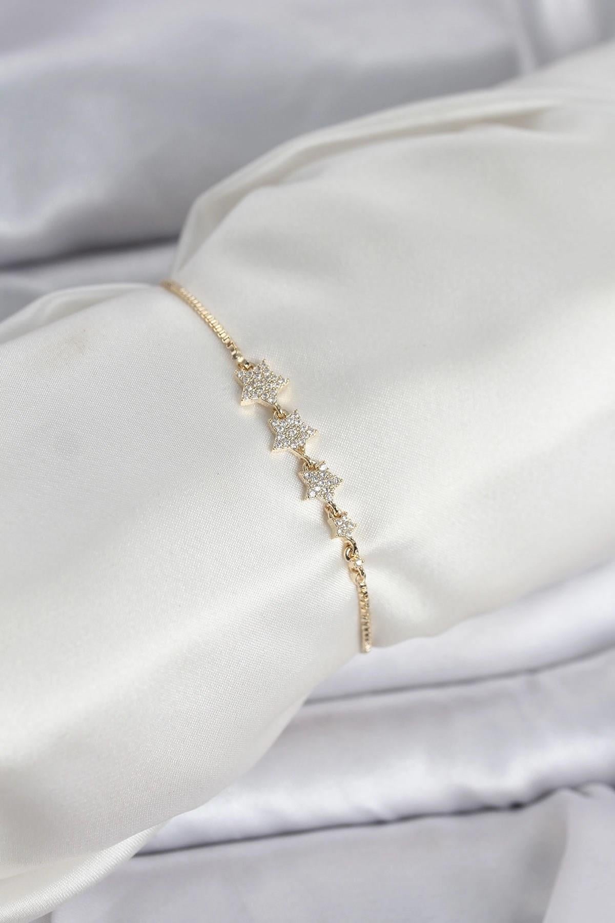Mey İthalat® Gold Renk Zirkon Taşlı Yıldız Model Asansörlü Kadın Bileklik