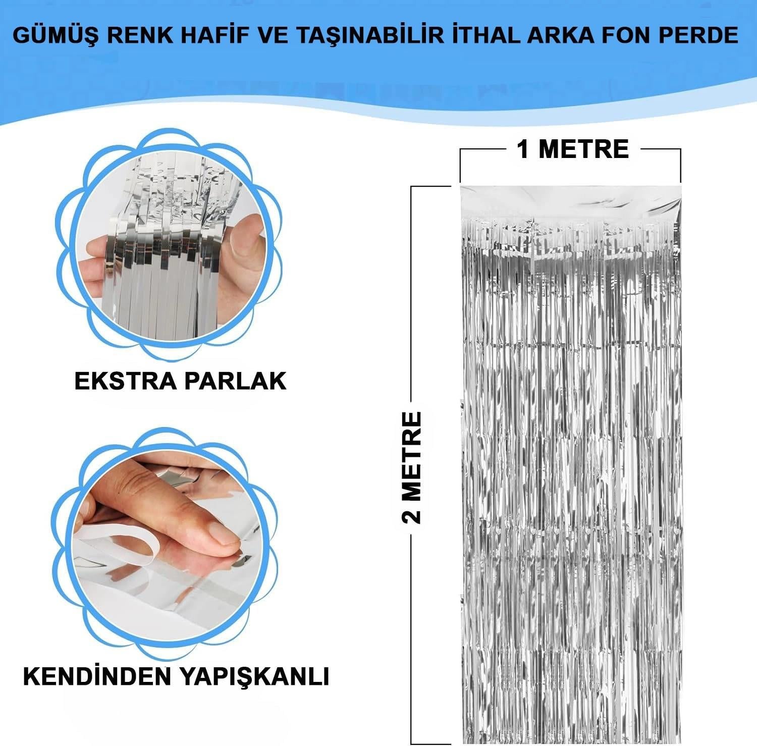 Mey İthalat® Gümüş Renk Ekstra Metalize Parlak Saçaklı Arka Fon Perde İthal A Kalite 1x2 Metre