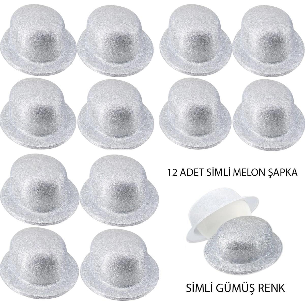 Mey İthalat® Gümüş Renk Simli Melon Yuvarlak Parti Şapkası 12 Adet