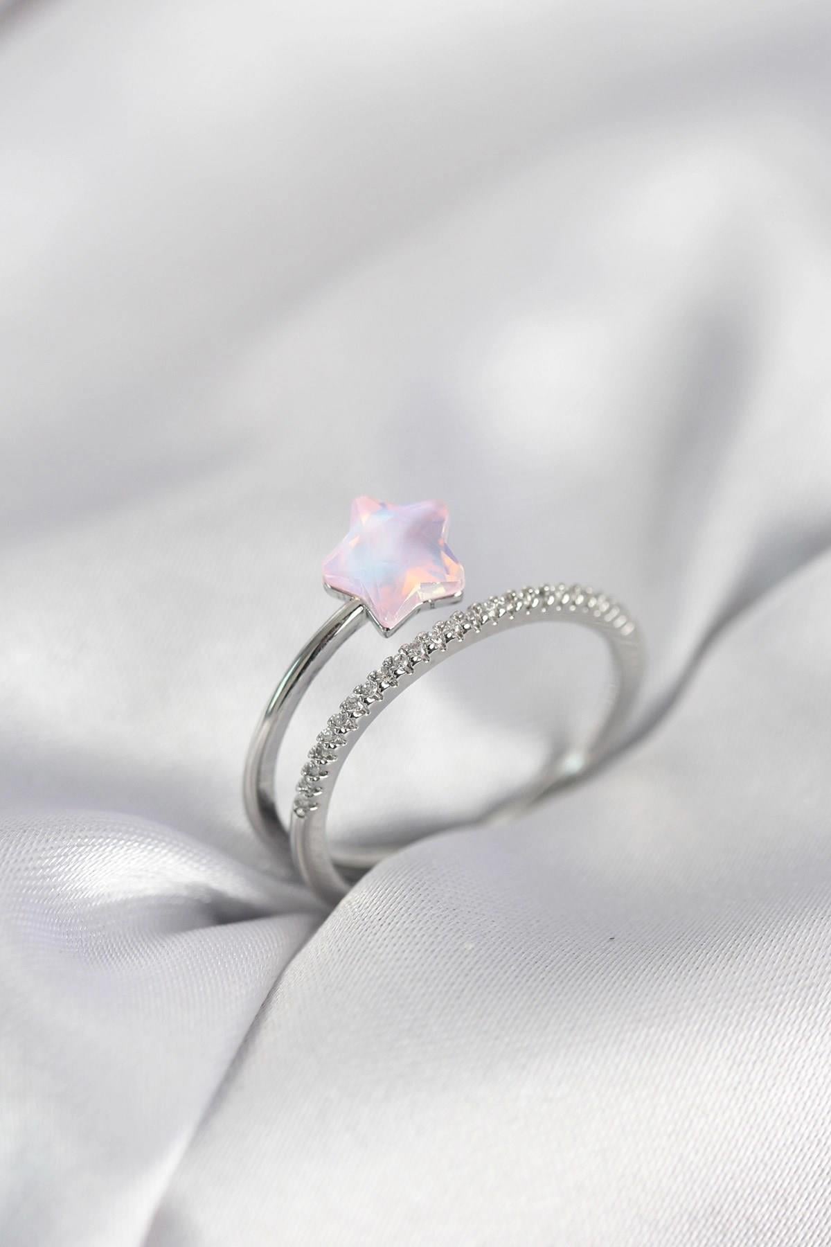 Mey İthalat® Gümüş Renk Zirkon Taşlı Pembe Halley Model Kadın Yüzük