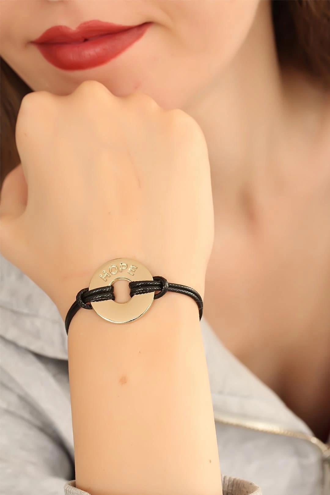 Mey İthalat® HOPE (Umutlu) Siyah Deri İpli Unisex Mood Bileklik