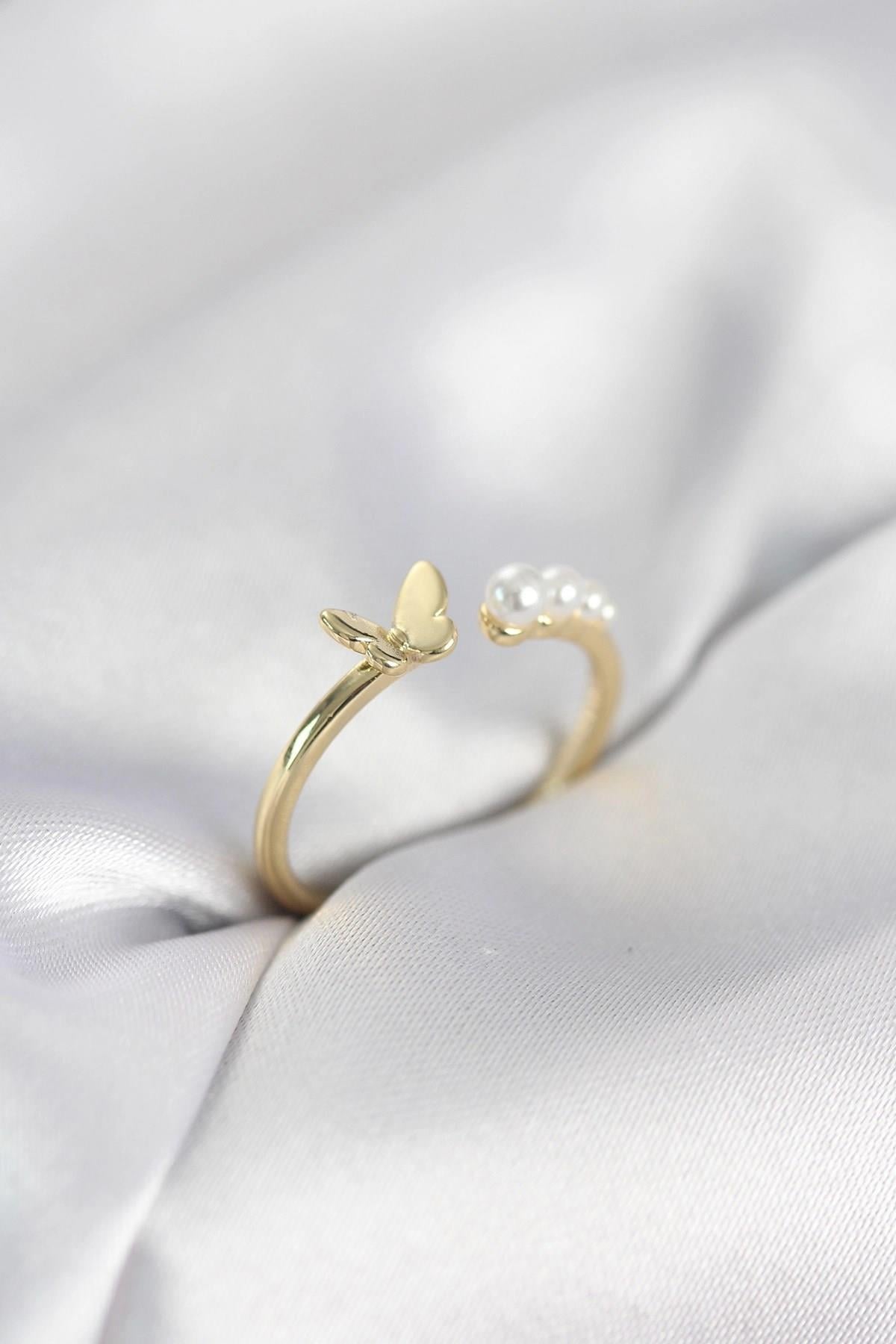 Mey İthalat® İncili Kelebek Model Gold Renk Pirinç Kadın Yüzük