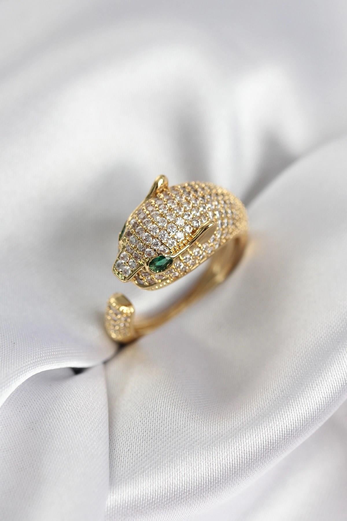 Mey İthalat® Jaguar Model Gold Renk Zirkon Taşlı Kadın Yüzük