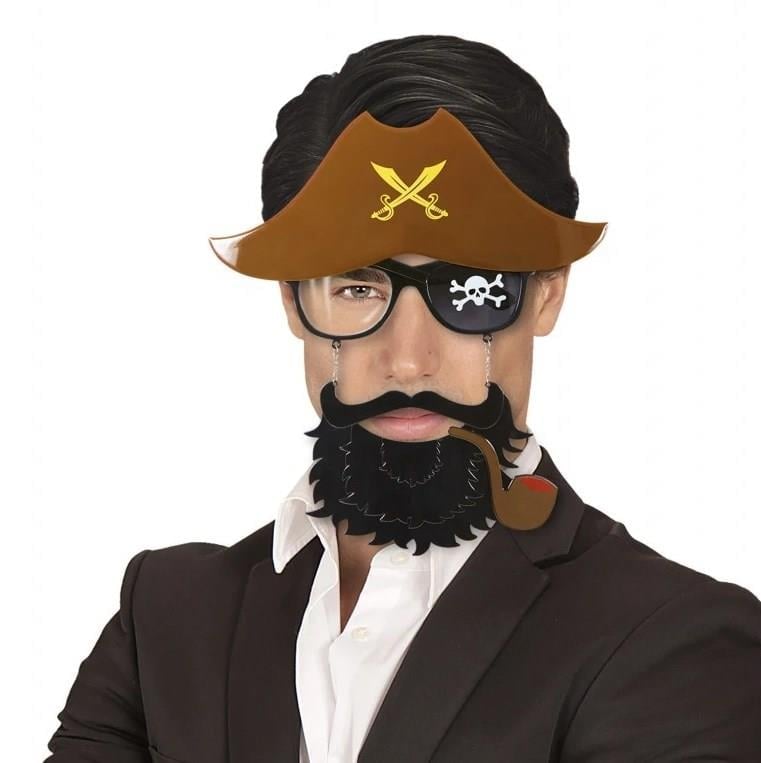 Mey İthalat® Kahve Renk Şapkalı Siyah Sakallı Pipolu Jack Sparrow Denizci Korsan Gözlüğü 24x25 cm