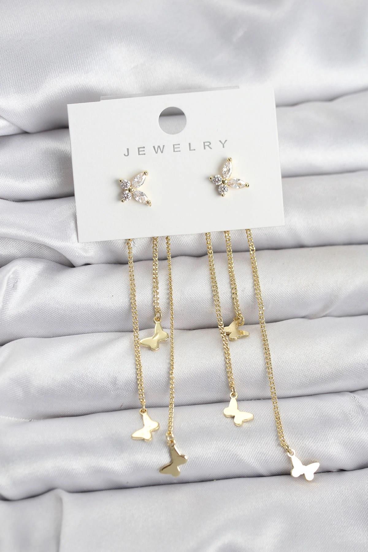 Mey İthalat® Kelebek Model Gold Renk Pirinç Sallantılı Kadın Küpe