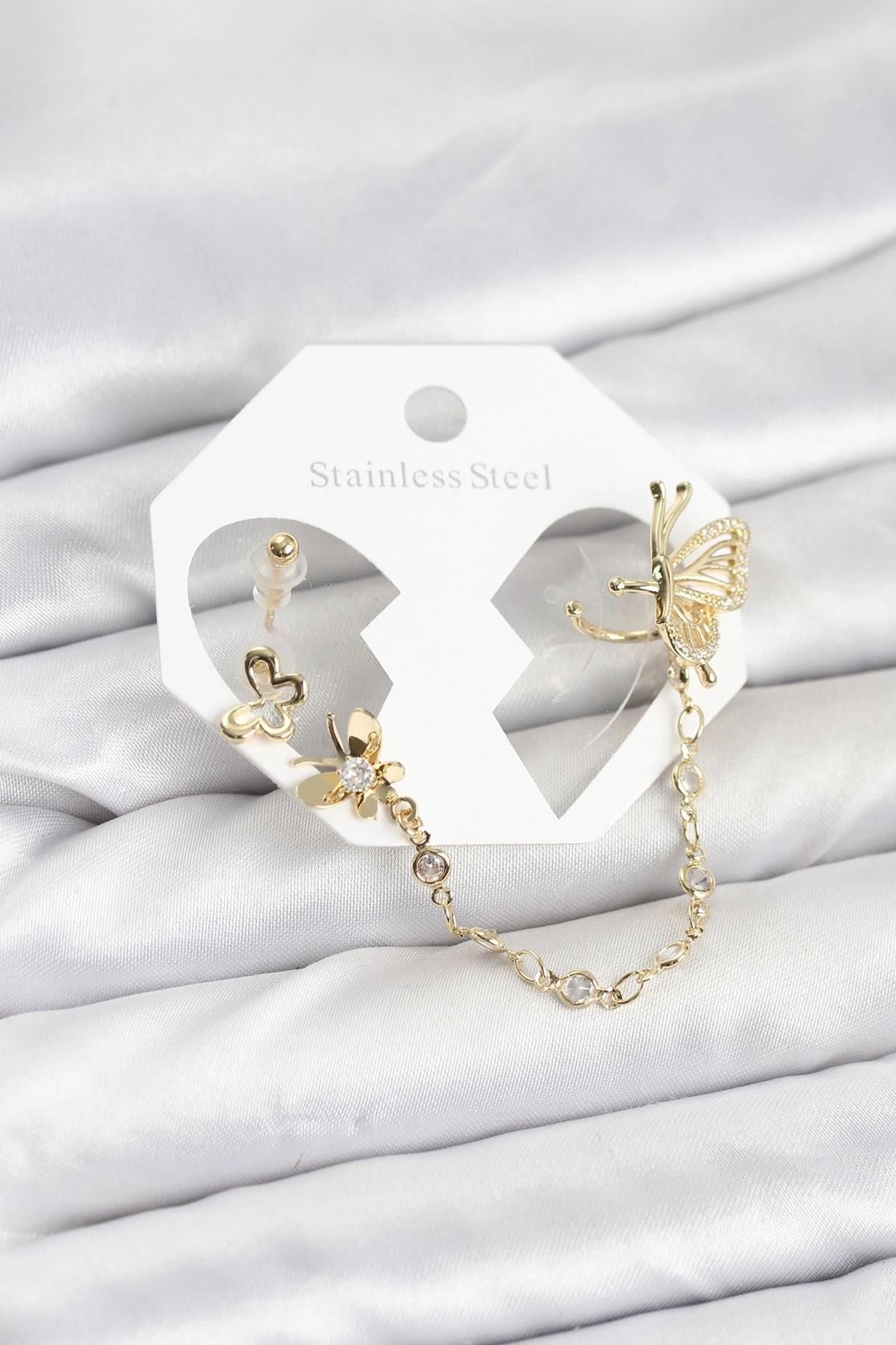Mey İthalat® Kelebekli Model Pirinç Gold Renk Zincir Bağlantılı Ear Cuff Küpe Seti