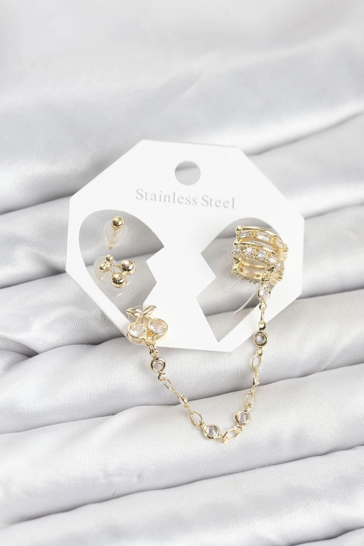 Mey İthalat® Kiraz Model Pirinç Gold Renk Zincir Bağlantılı Ear Cuff Küpe Seti