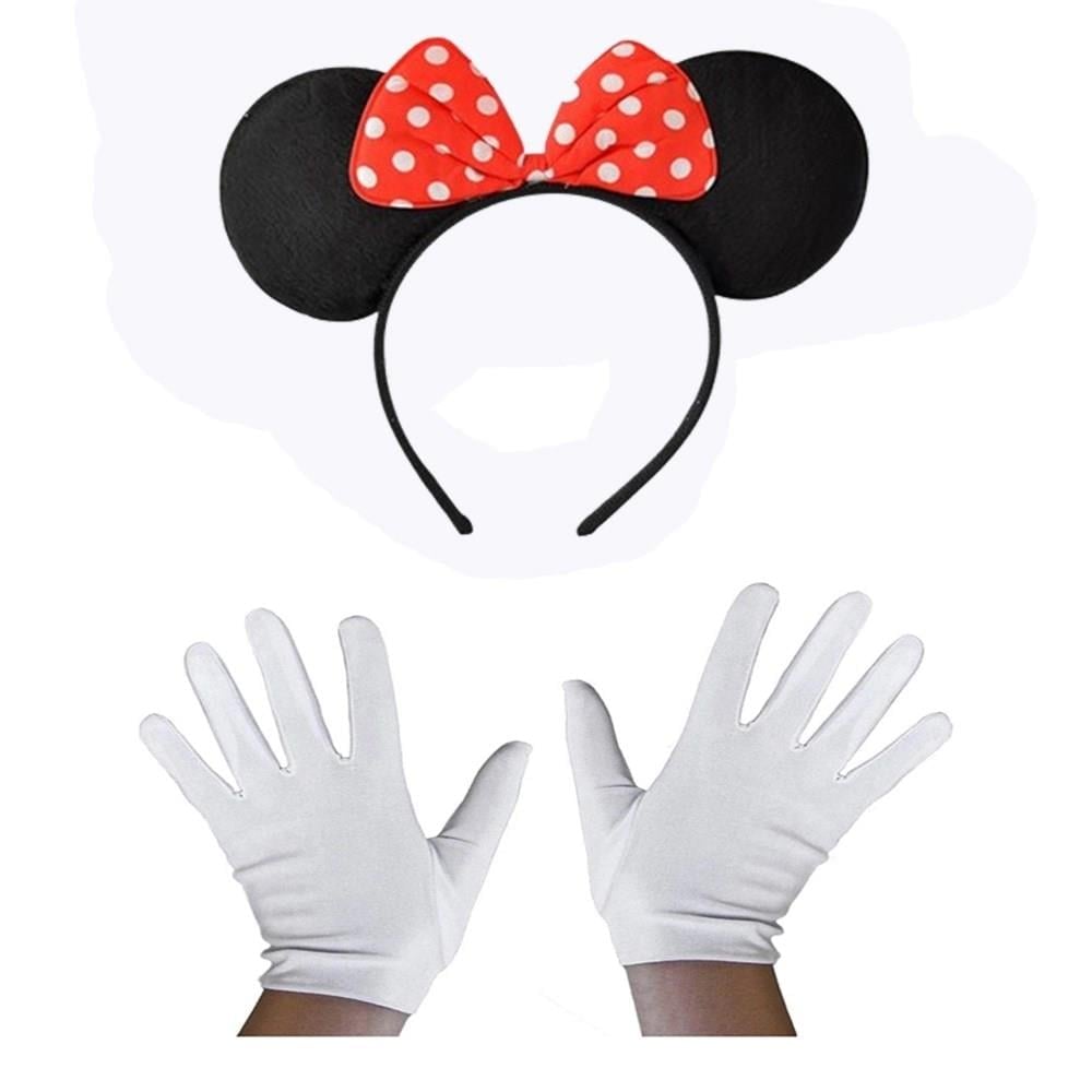 Mey İthalat® Kırmızı Fiyonklu Minnie Mouse Tacı ve Beyaz Eldiven Seti