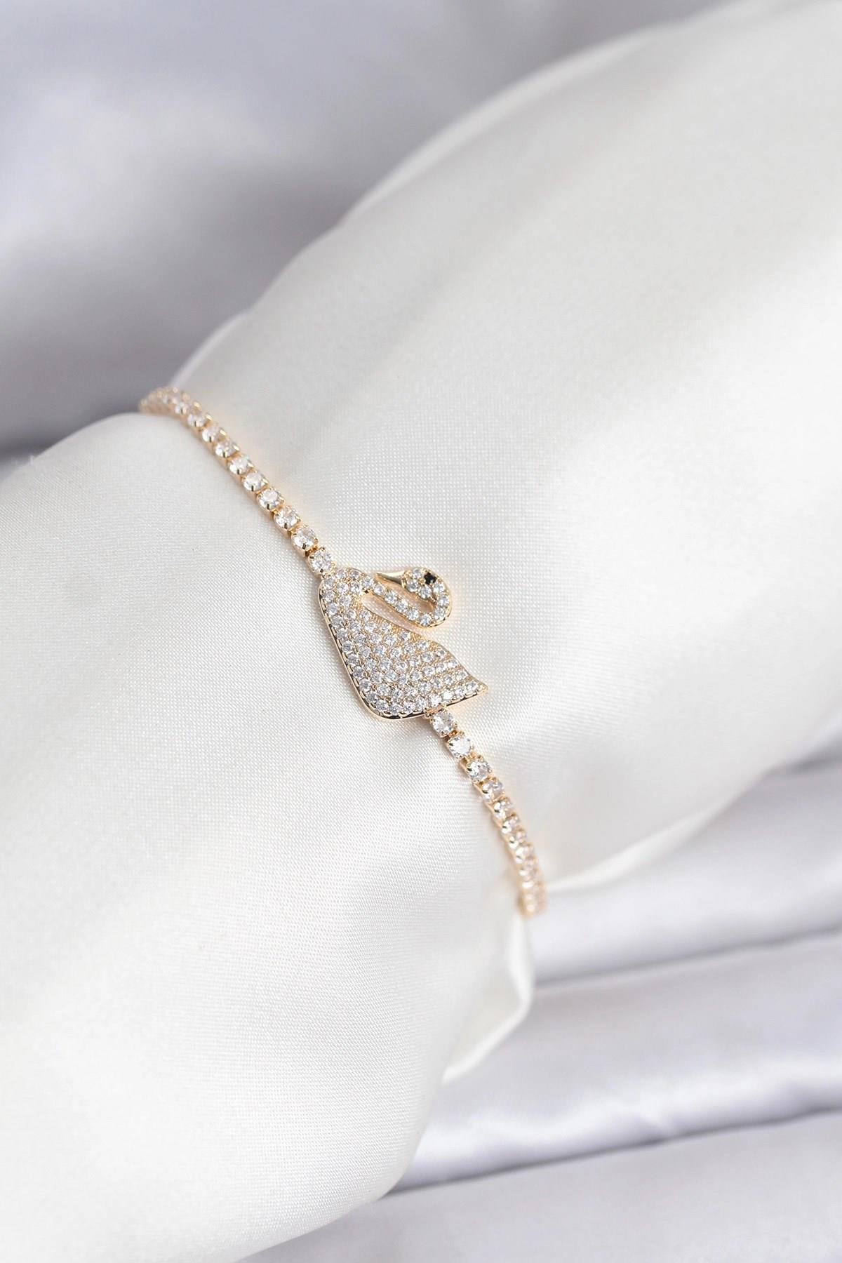 Mey İthalat® Kuğu Model Zirkon Taşlı Gold Renk Asansörlü Su Yolu Bileklik