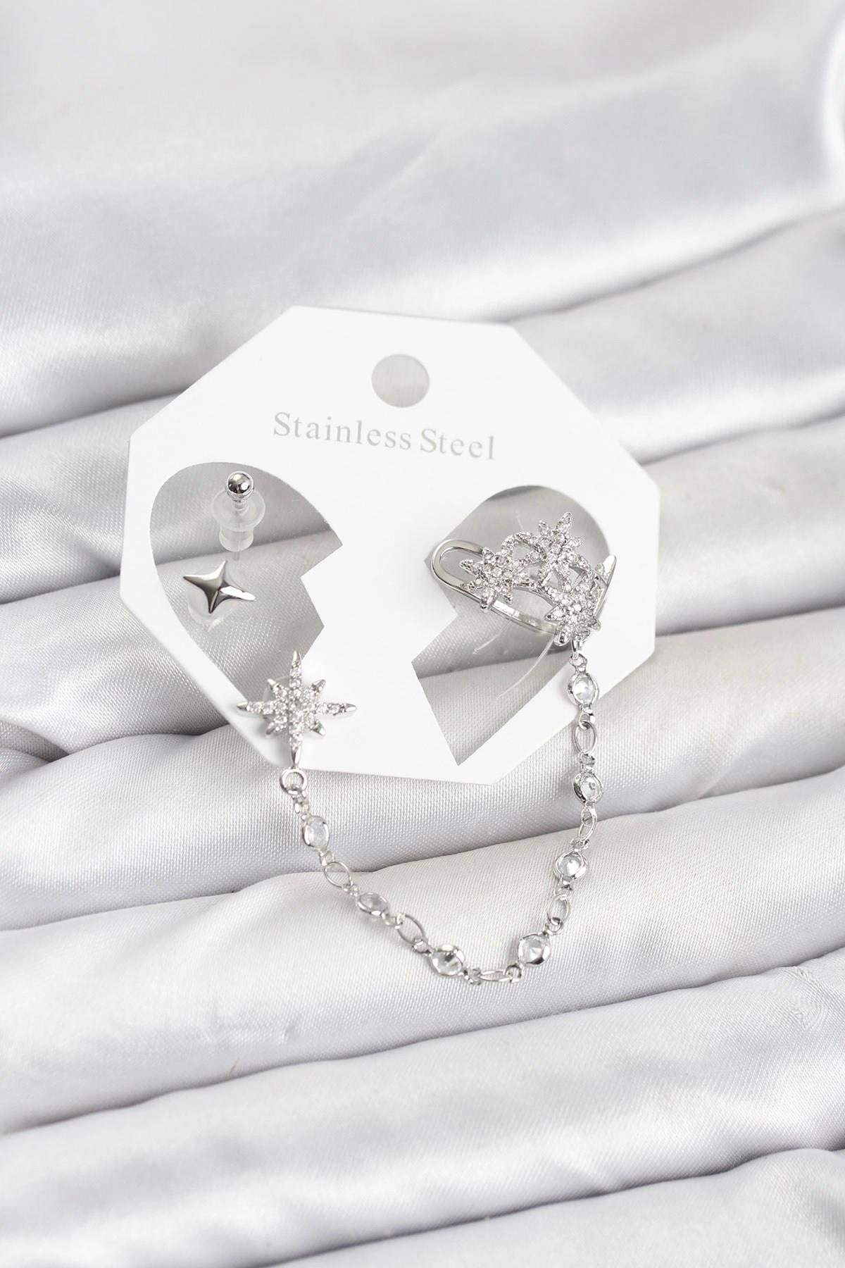 Mey İthalat® Kutup Yıldızı Model Pirinç Gümüş Renk Zincir Bağlantılı Ear Cuff Küpe Seti
