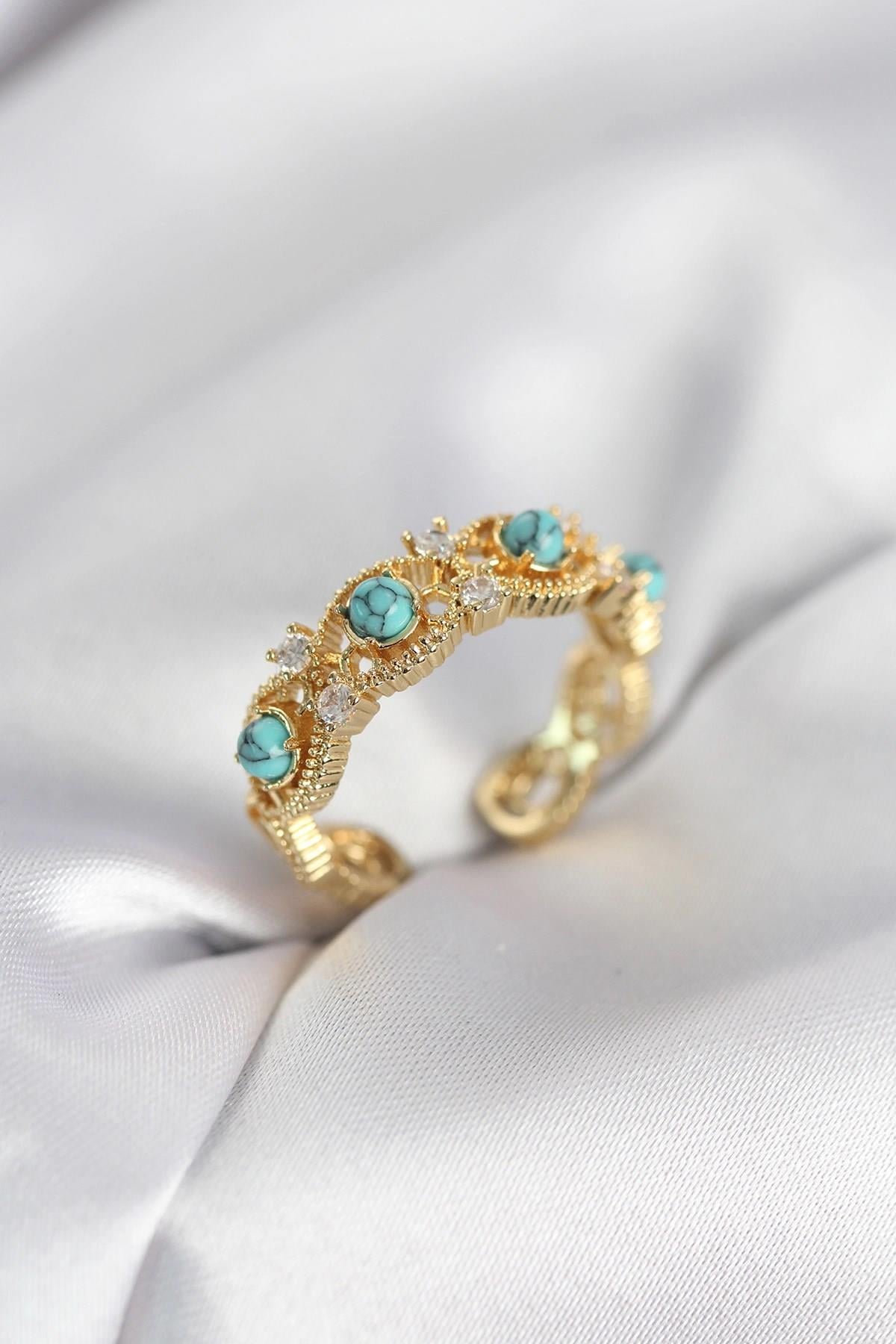 Mey İthalat® Mavi Taşlı Gold Renk Vintage Kadın Yüzük