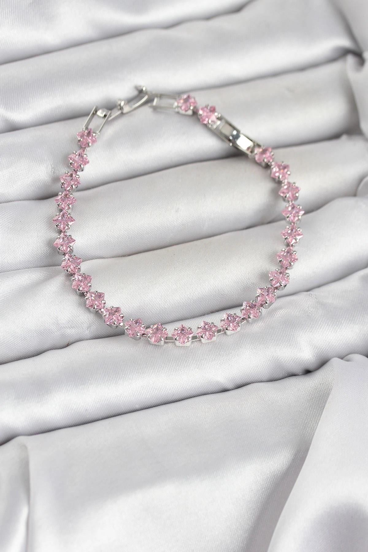 Mey İthalat® Pembe Kare Zirkon Taşlı Gümüş Renk Pirinç Su Yolu Kadın Bileklik