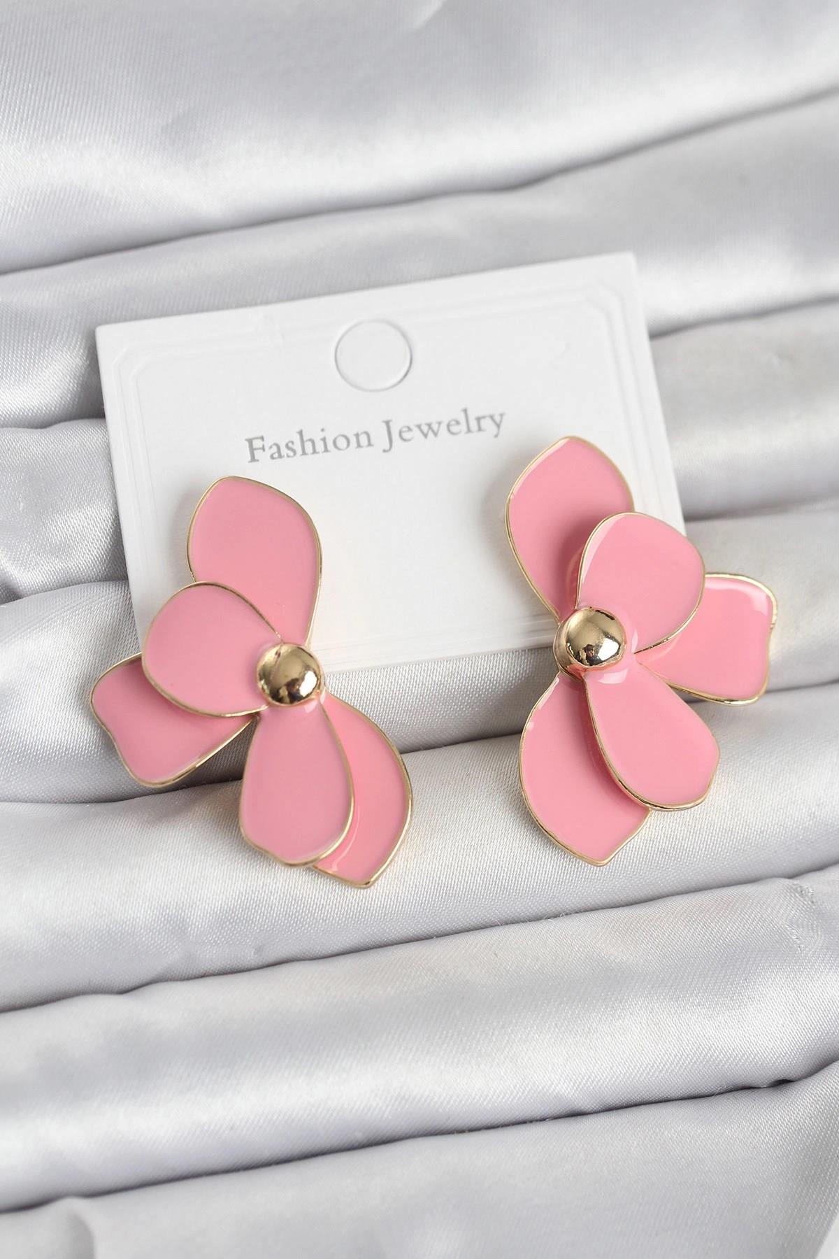 Mey İthalat® Pembe Mineli Lotus Model Pirinç Kadın Küpe