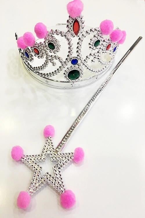 Mey İthalat® Pembe Ponponlu Gümüş Renk Prenses Tacı ve Gümüş Renk Prenses Asası
