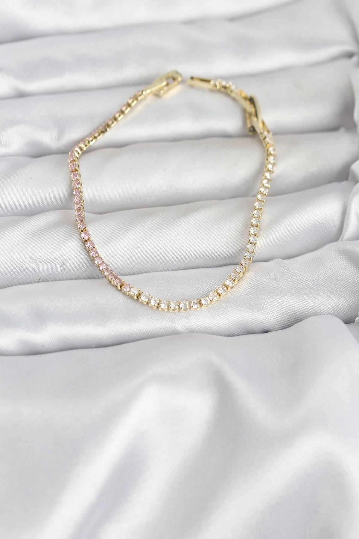 Mey İthalat® Pembe ve Beyaz Zirkon Taşlı Gold Renk Su Yolu Kadın Bileklik