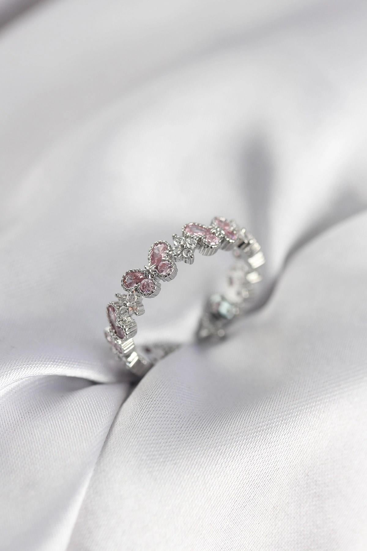 Mey İthalat® Pembe Zirkon Taşlı Kelebek Model Kadın Yüzük