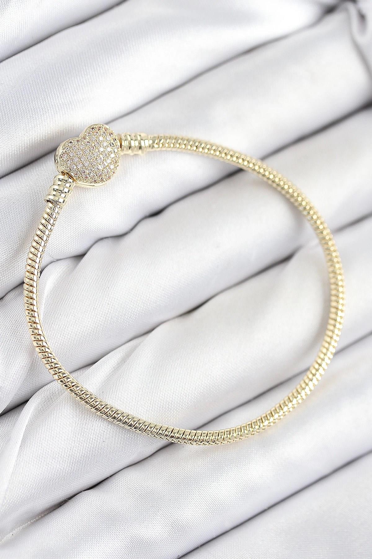 Mey İthalat® Pirinç Charm Zirkon Taşlı Kalp Model Gold Renk Kadın Bileklik