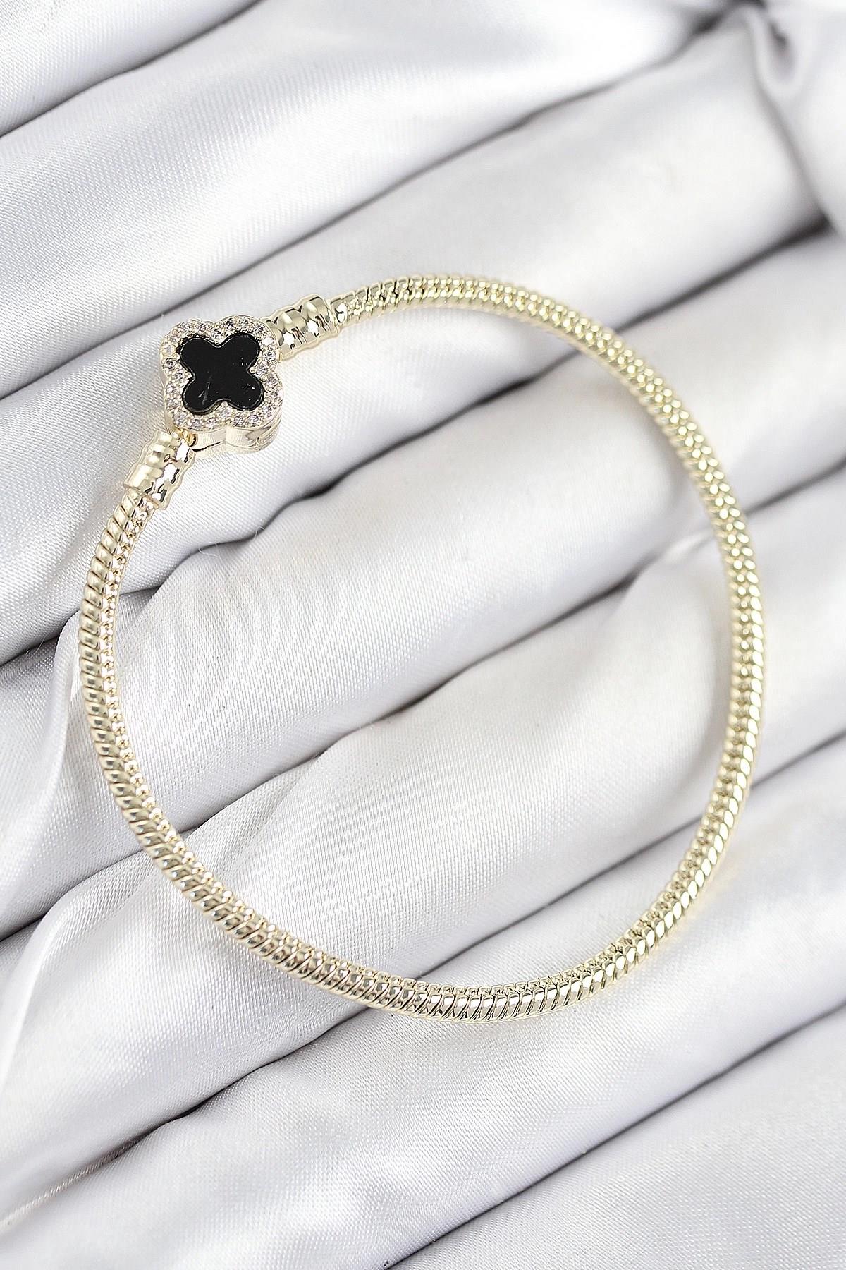 Mey İthalat® Pirinç Charm Zirkon Taşlı Yonca Model Gold Renk Kadın Bileklik