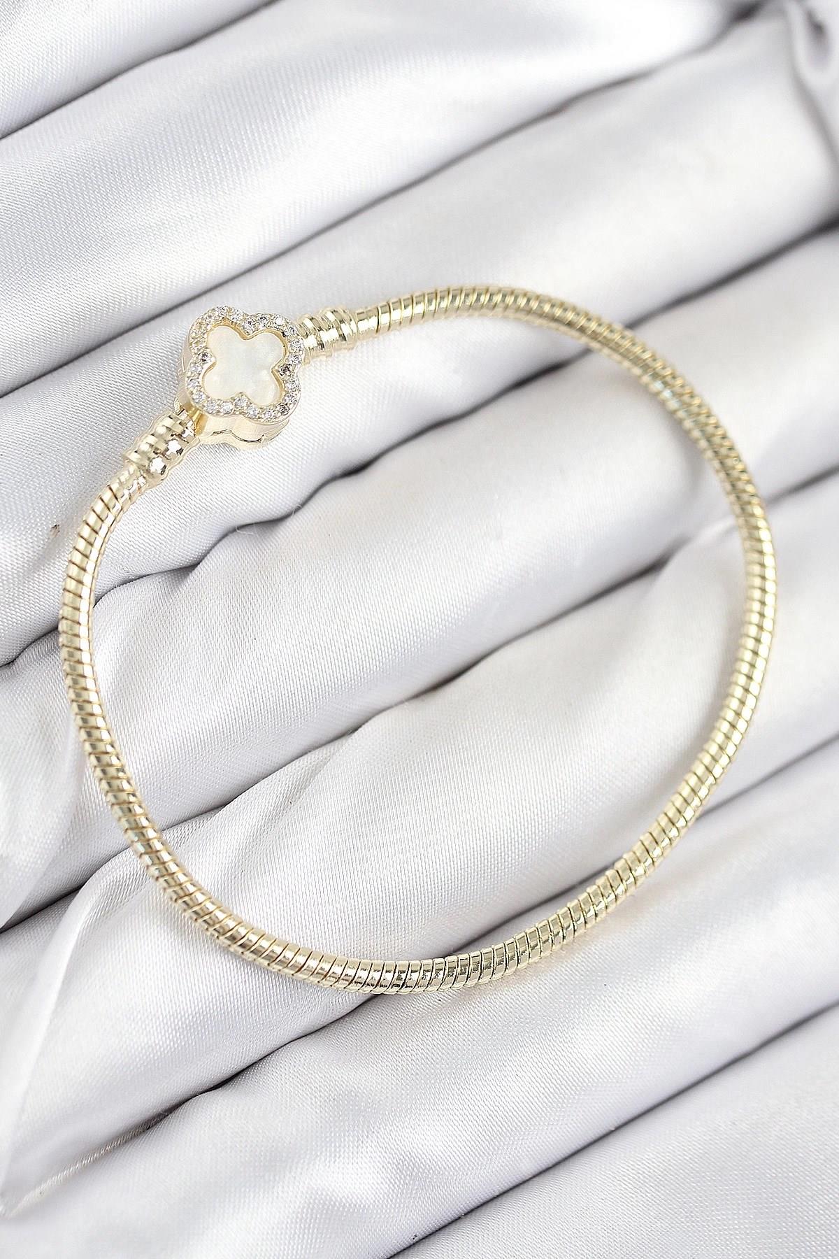 Mey İthalat® Pirinç Charm Zirkon Taşlı Yonca Model Gold Renk Kadın Bileklik