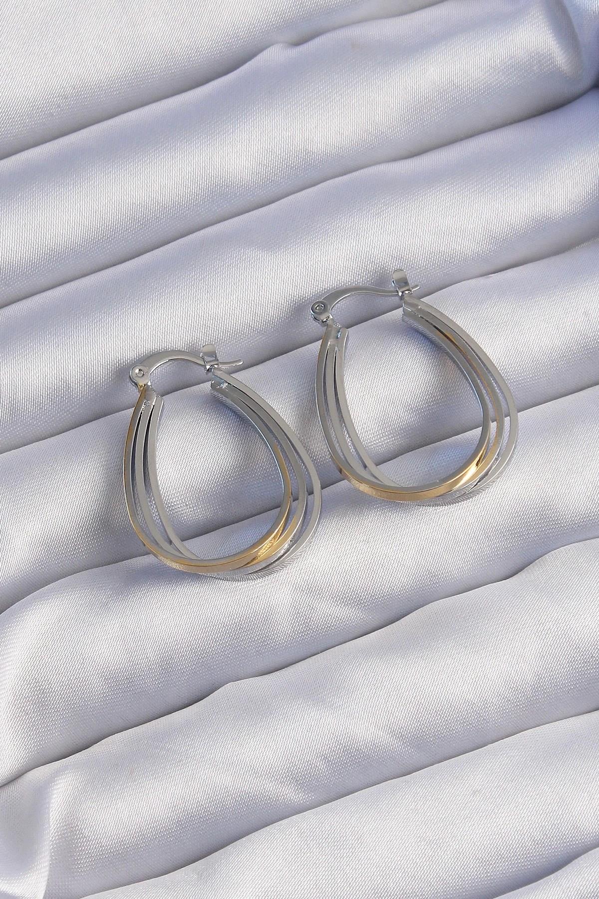 Mey İthalat® Pirinç Gold Gümüş Renkli Oval Çoklu Görünümlü Küpe