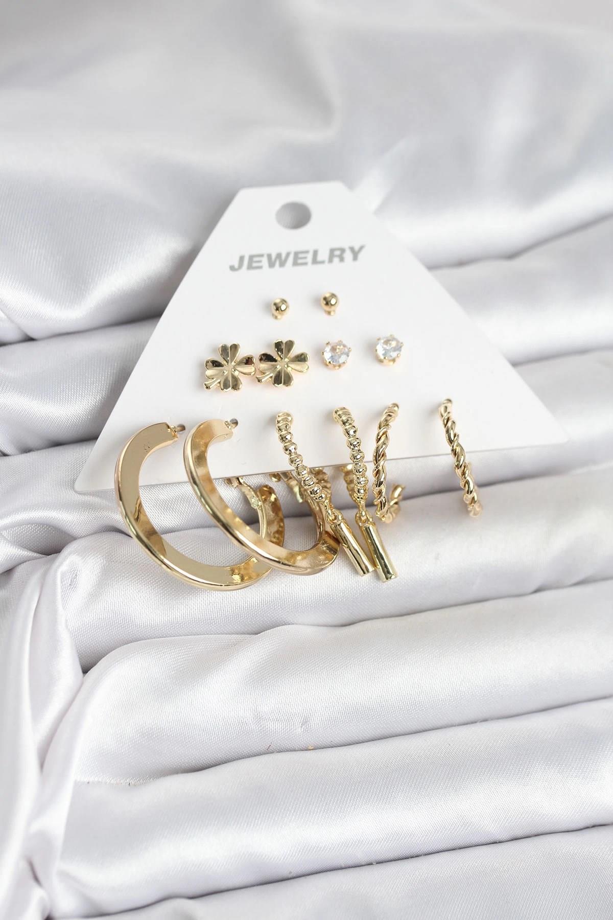 Mey İthalat® Pirinç Gold Renk 6 Çift Kadın Küpe Seti