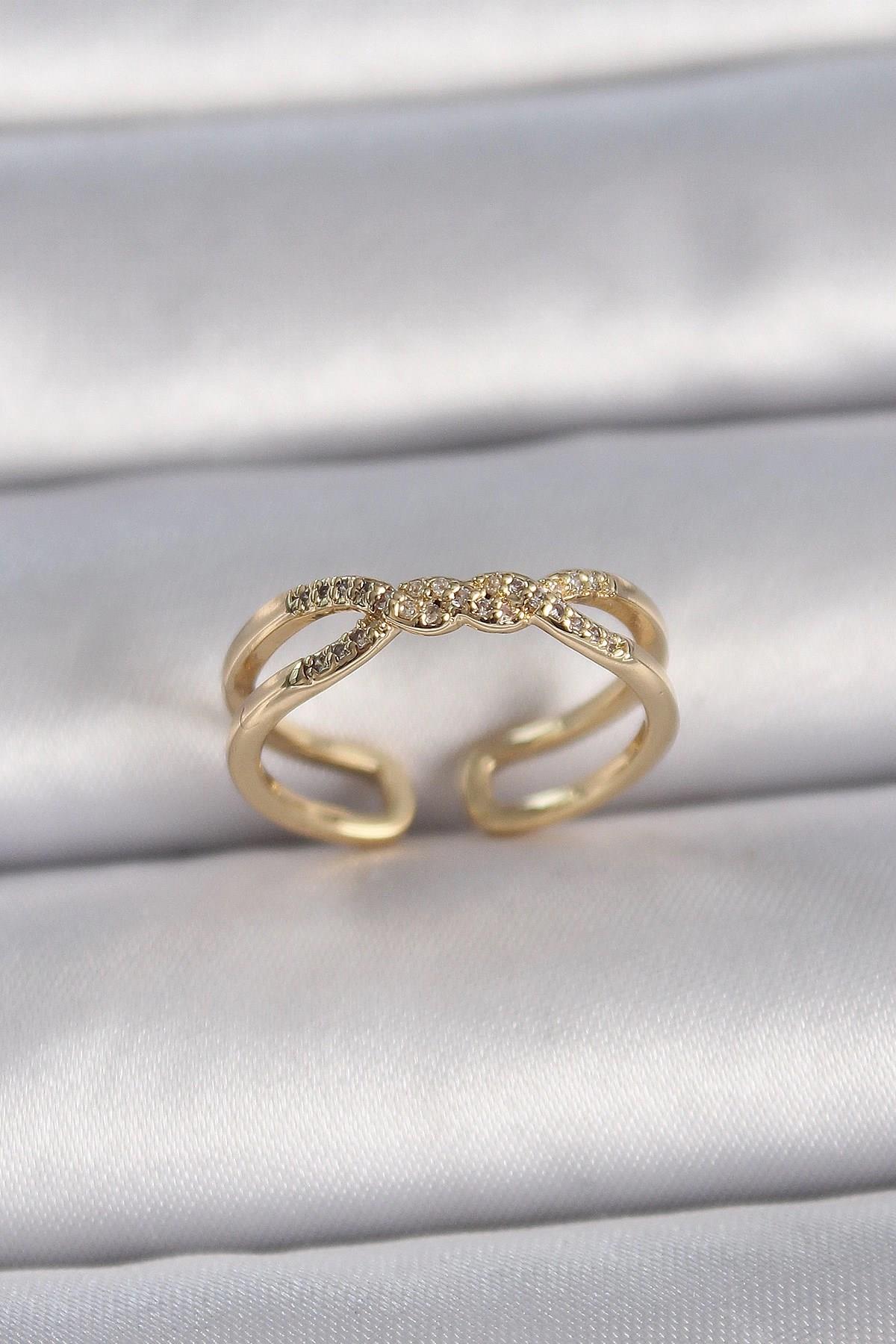 Mey İthalat® Pirinç Gold Renk Ayarlanabilir Zirkon Taşlı Sarmal Model Kadın Yüzük