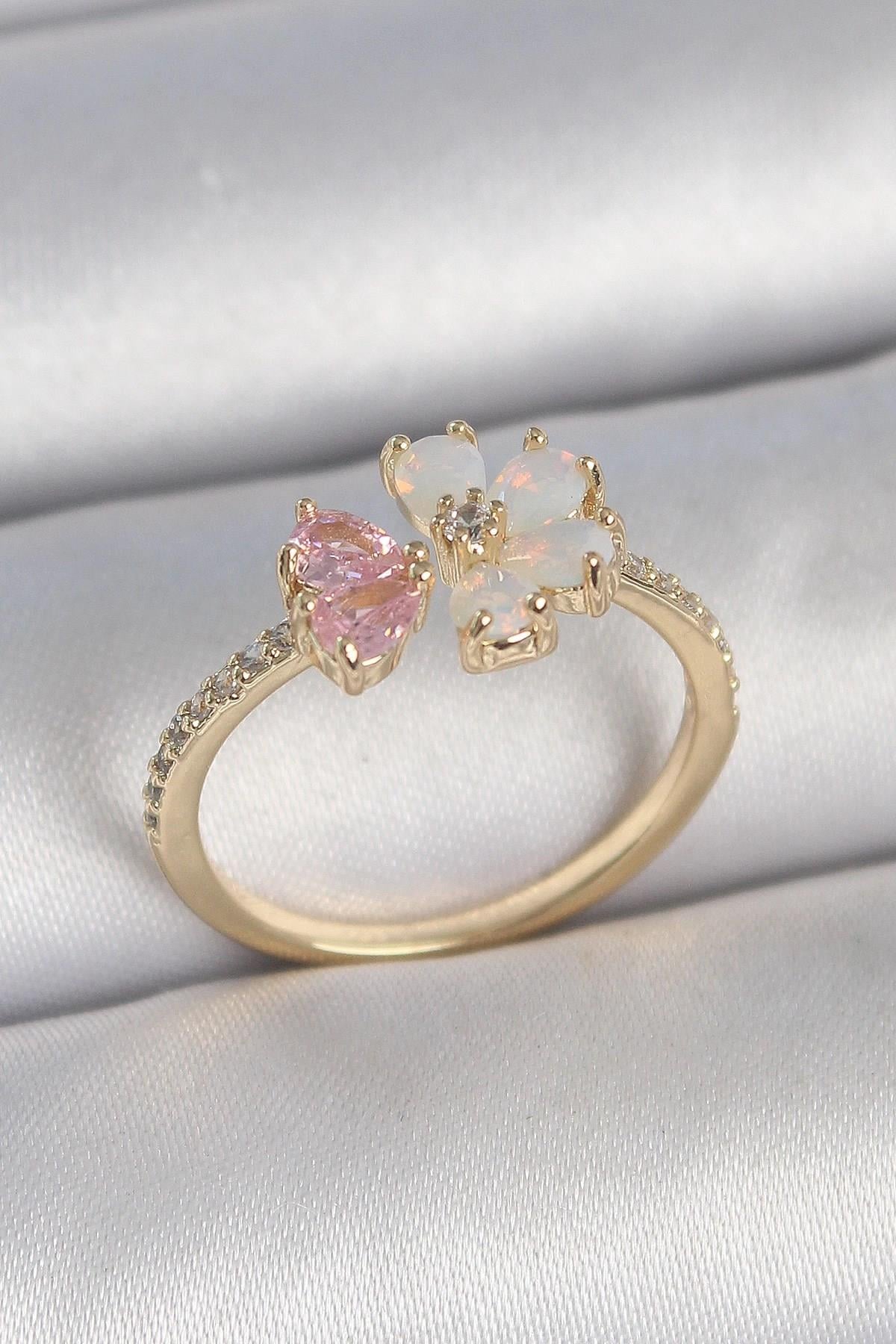 Mey İthalat® Pirinç Gold Renk Beyaz Mineli Pembe Zirkon Taşlı Çiçek Model Kadın Yüzük