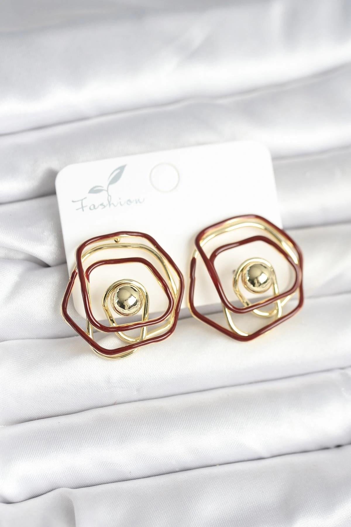 Mey İthalat® Pirinç Gold Renk Bordo Mineli Geometrik Gül Model Kadın Küpe